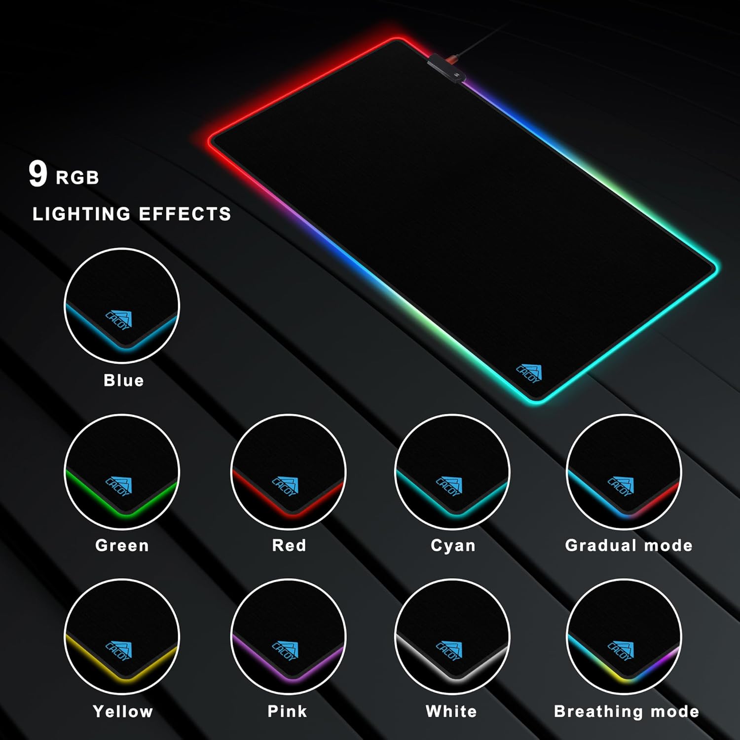 Cacoy RGB Mouse Pad Gaming, 43" x 24" Large LED Mouse Pad with 9 Lights Modes, XXL Desk Mat for Keyboard and Mouse, Extended Non-Slip Desk Pad PC Gaming Keyboard Mousepad Accessories, Black - Image 4