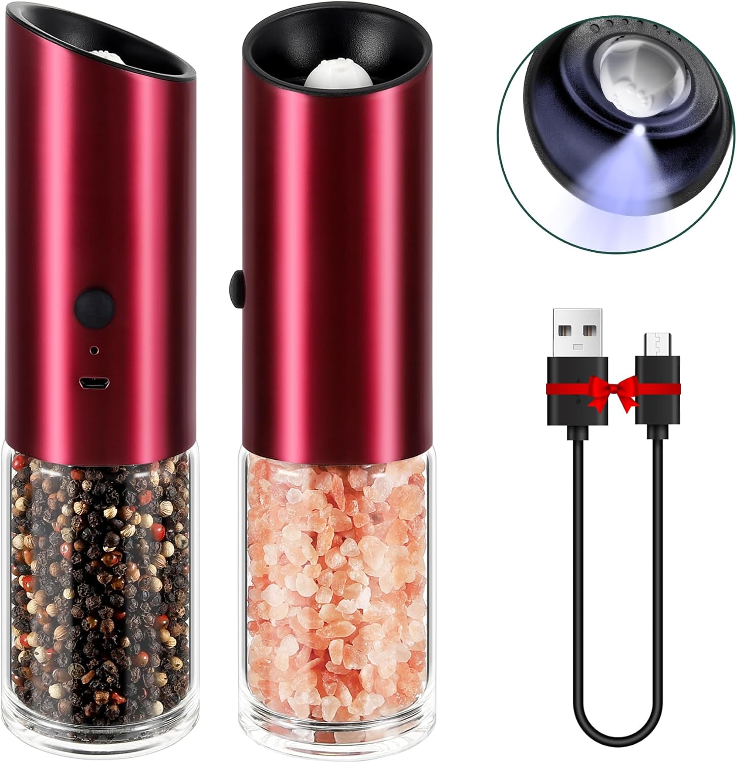 Vzaahu Gravity Electric Pepper and Salt Grinder Set of 2 - Rechargeable, Refillable, Adjustable Coarseness, Stainless Steel Seasalt Peppermill with LED light - One Hand Operation (Red) - Image 2
