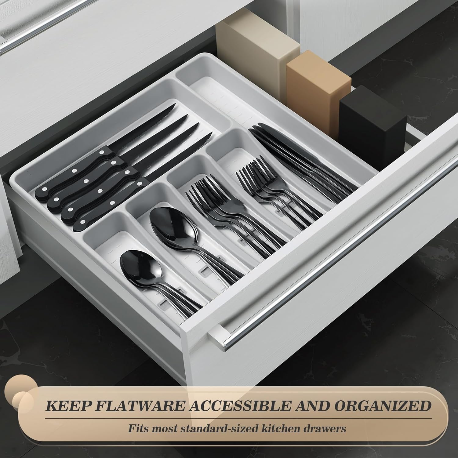 24-Piece Black Silverware Set with Organizer,Heavy Duty Stainless Steel Flatware Cutlery Tableware Set for 4,Includes 6-Compartment Silverware Tray with Cutlery Icons,Tableware Set with Steak Knives - Image 5