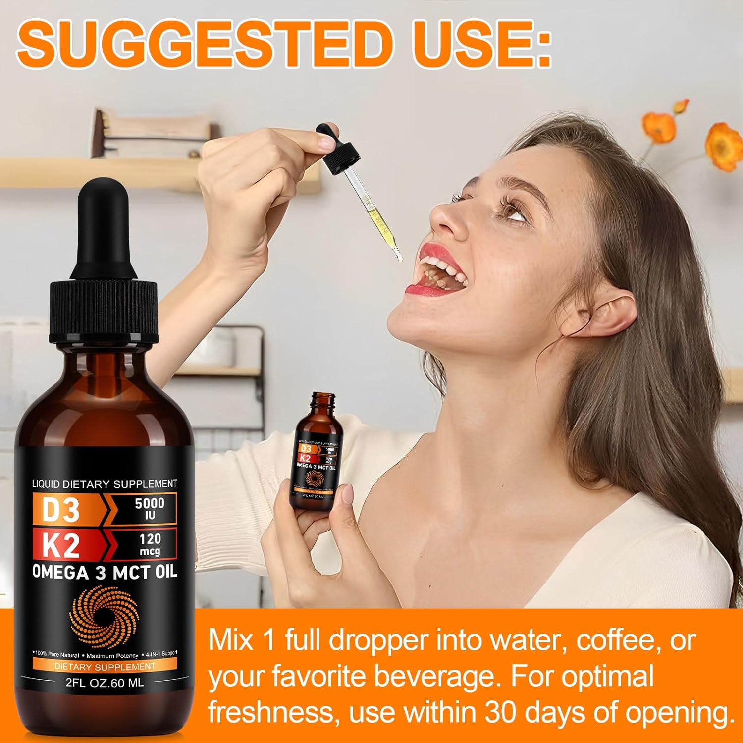 Vitamin D3 5000 IU & K2 (MK-7) 120 mcg 60ml Drops with MCT Oil Omega 3, Liquid Vitamin D3 & K2 Supplements - 2 Months Supply -Supports Bones, Teeth, Mood & Immune System, Calcium Absorption - Image 8