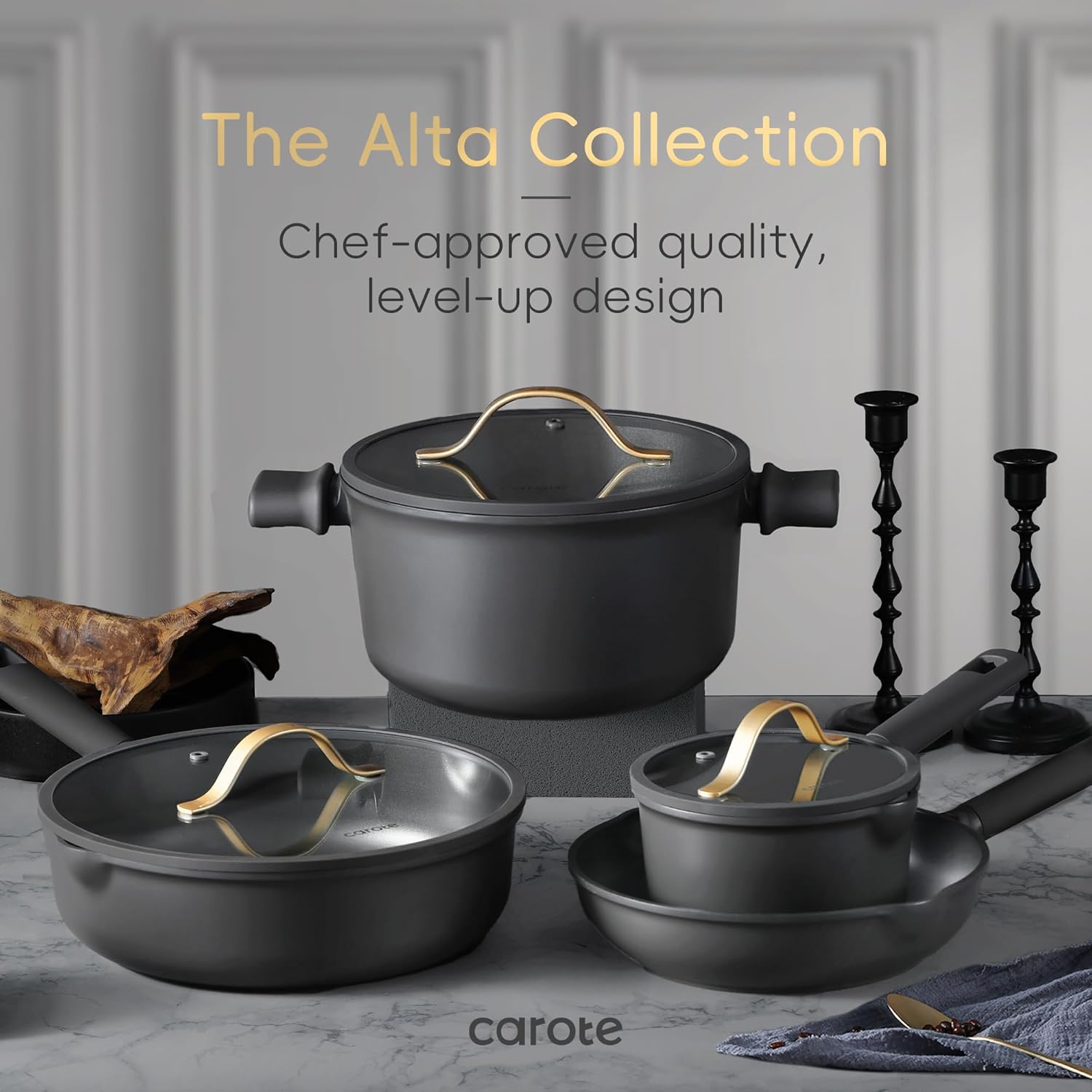 CAROTE 17pcs Pots and Pans Set Non Stick Dark Grey, Kitchen Cookware Set with Gold Trim, Premium Nonstick Pot and Pan, Induction Cookware - Image 9