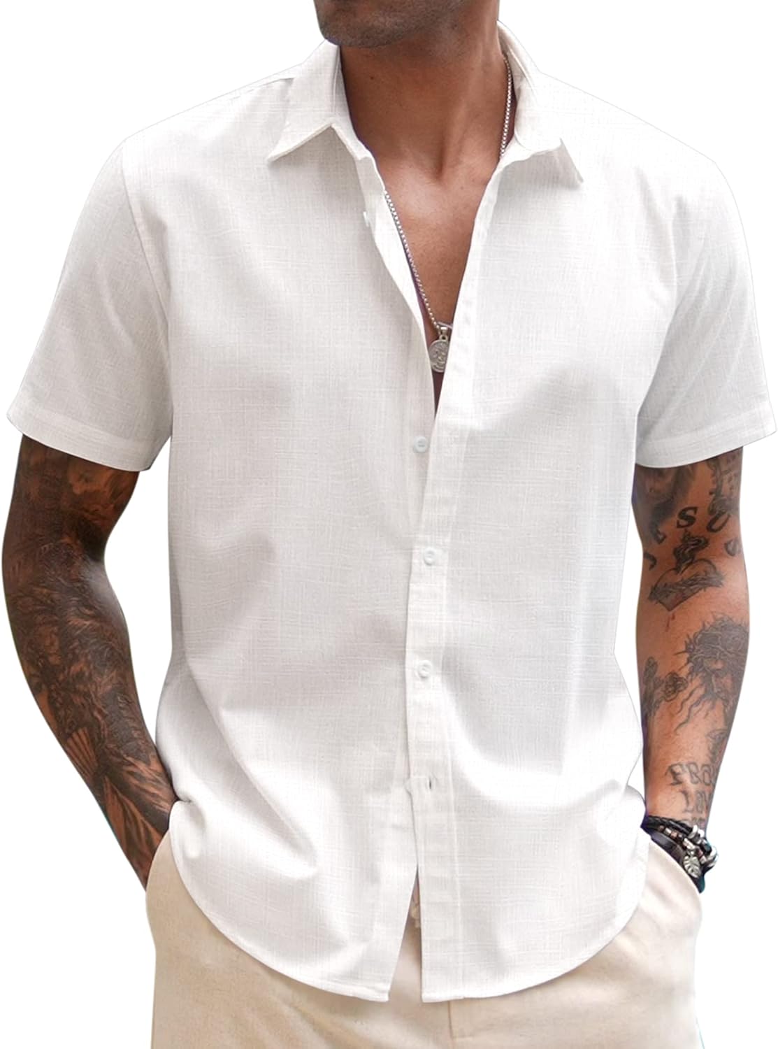 COOFANDY Men's Linen Casual Short Sleeve Shirt Button Down Summer Beach Wedding Shirts - Image 2