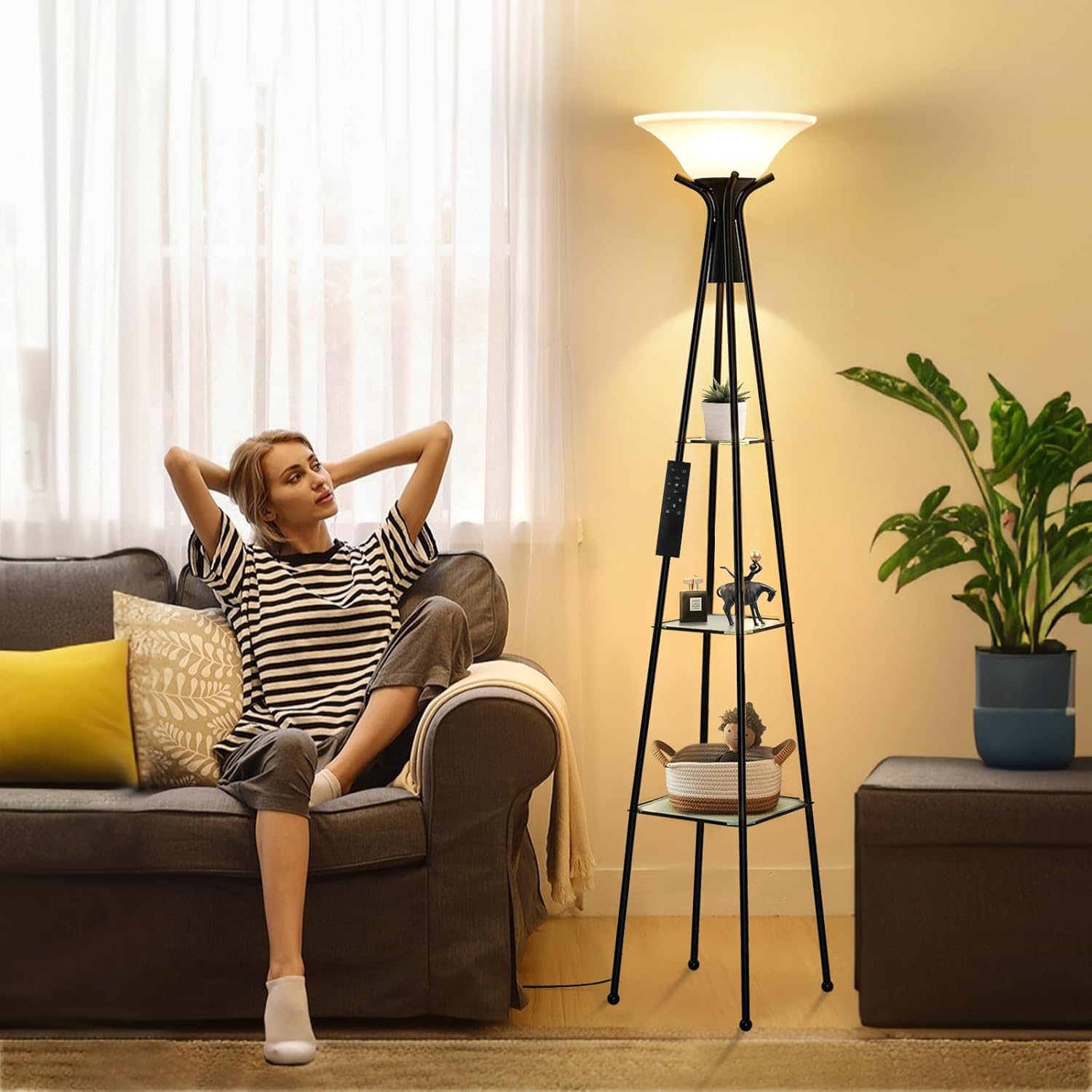 Floor Lamp with Shelves, 69” Tall Shelf Lamp with Remote Control, 3-Tier Glass Shelf Lamp, Dimmable Industrial Floor Lamps for Living Room, Bedroom, Home Office, 3 Color Temperatures Bulbs Included - Image 8