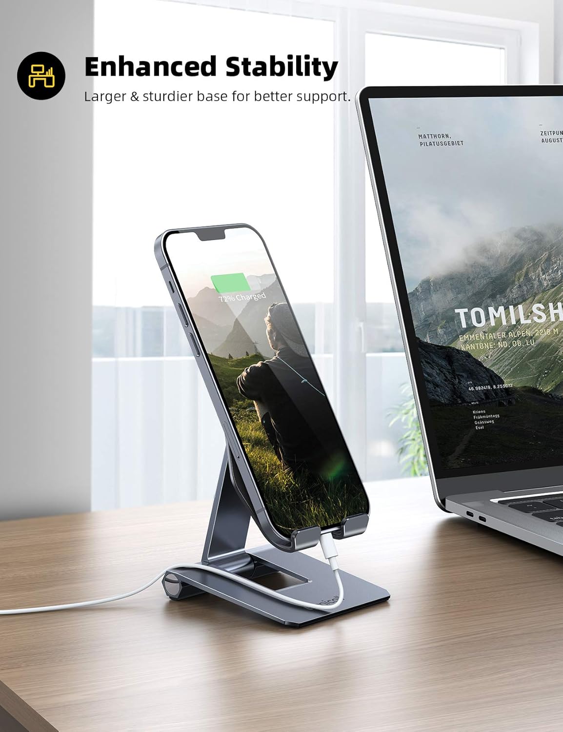 Lamicall ๐ฎ๐ฌ๐ฎ๐ ๐๐ฉ๐ ๐ซ๐๐๐๐ Adjustable Cell Phone Stand for Desk - Foldable Aluminum Desktop Phone Holder Cradle Dock, Compatible with Phone 15 14 13 12 Mini 11 Pro Xs (4-11'') - Grey - Image 4
