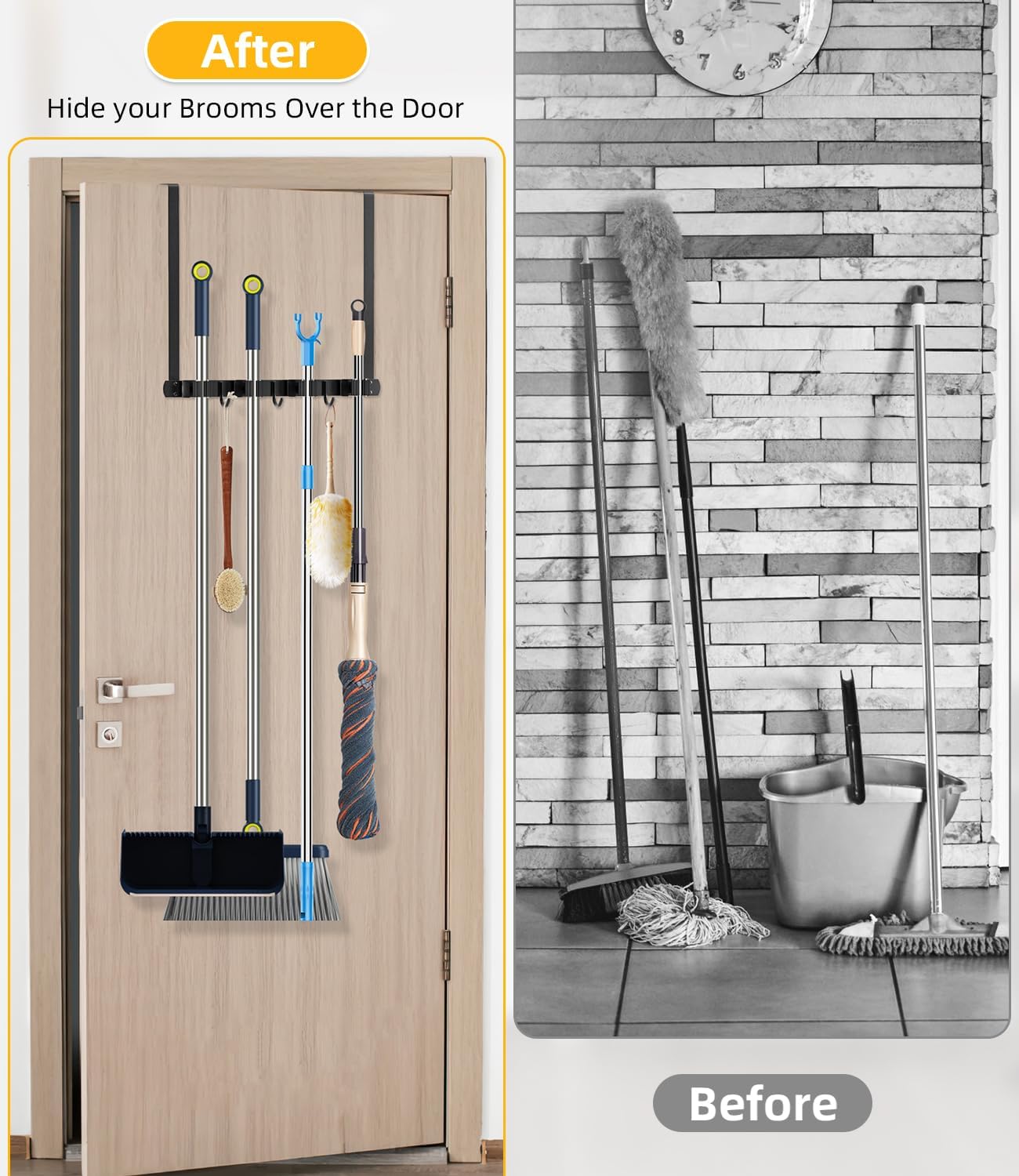 Broom Holder Over The Door - 304 Stainless Steel Mop and Broom Holder Wall Mounted or Hanging Over The Door with Hooks - Broom Hanger, Broom Storage Tool Organizer for Garage Closet Laundry - Image 3