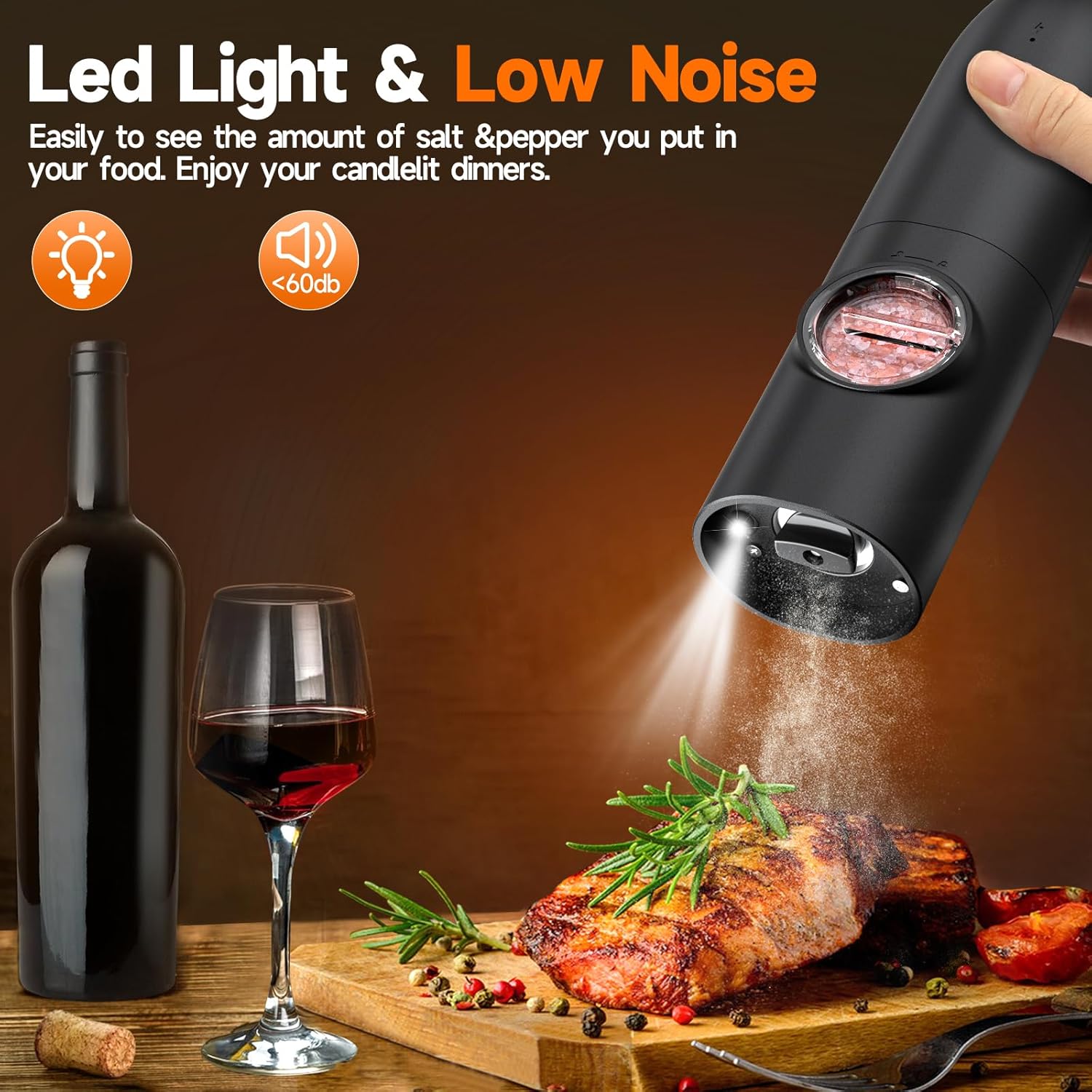 Electric Salt and Pepper Grinder Set (2 Pack), USB Rechargeable One Hand Operation, Adjustable Coarseness Mill Grinders Shakers LED Light, Automatic Pepper Grinder for Kitchen Gadgets Gifts - Image 6