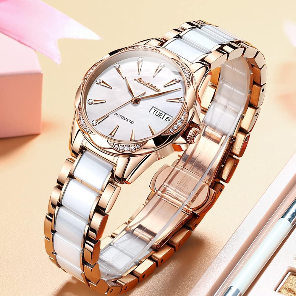 Womens Watch Automatic White Face Ladies Watch Mechanical Waterproof Self-Winding Wrist Watch Rose Gold Pearl Shell Dial Watches Day Date Woman Watches Ceramic Stainless Steel Diamond Watch for Ladies - Image 6