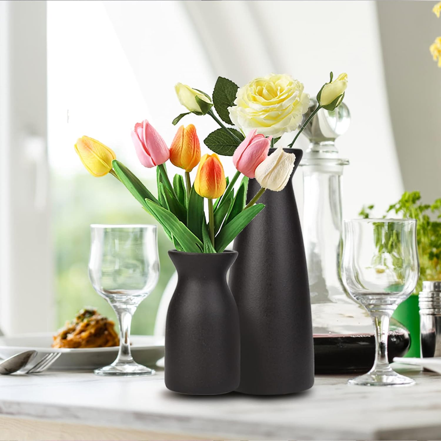 Ceramic Vase Set of 2, Black Matte Boho Vase for Decorative Dried Flowers Pampas Grass Decoraitons, Dining Table Centerpieces Rustic Living Room Decor for Home Office (Black) - Image 6