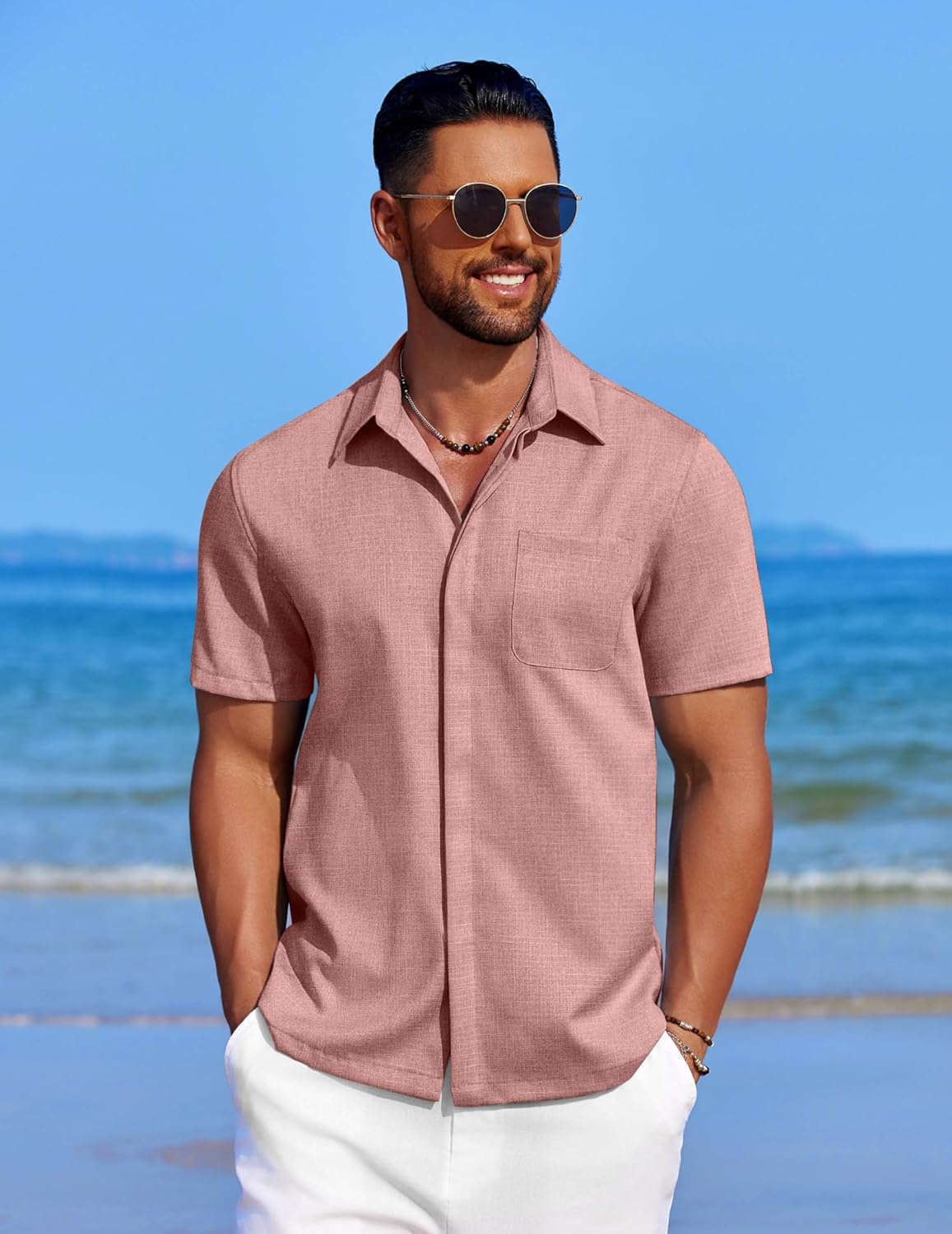 COOFANDY Mens Linen Shirt Casual Short Sleeve Button Down Shirt Summer Beach Vacation Wedding Wear - Image 3
