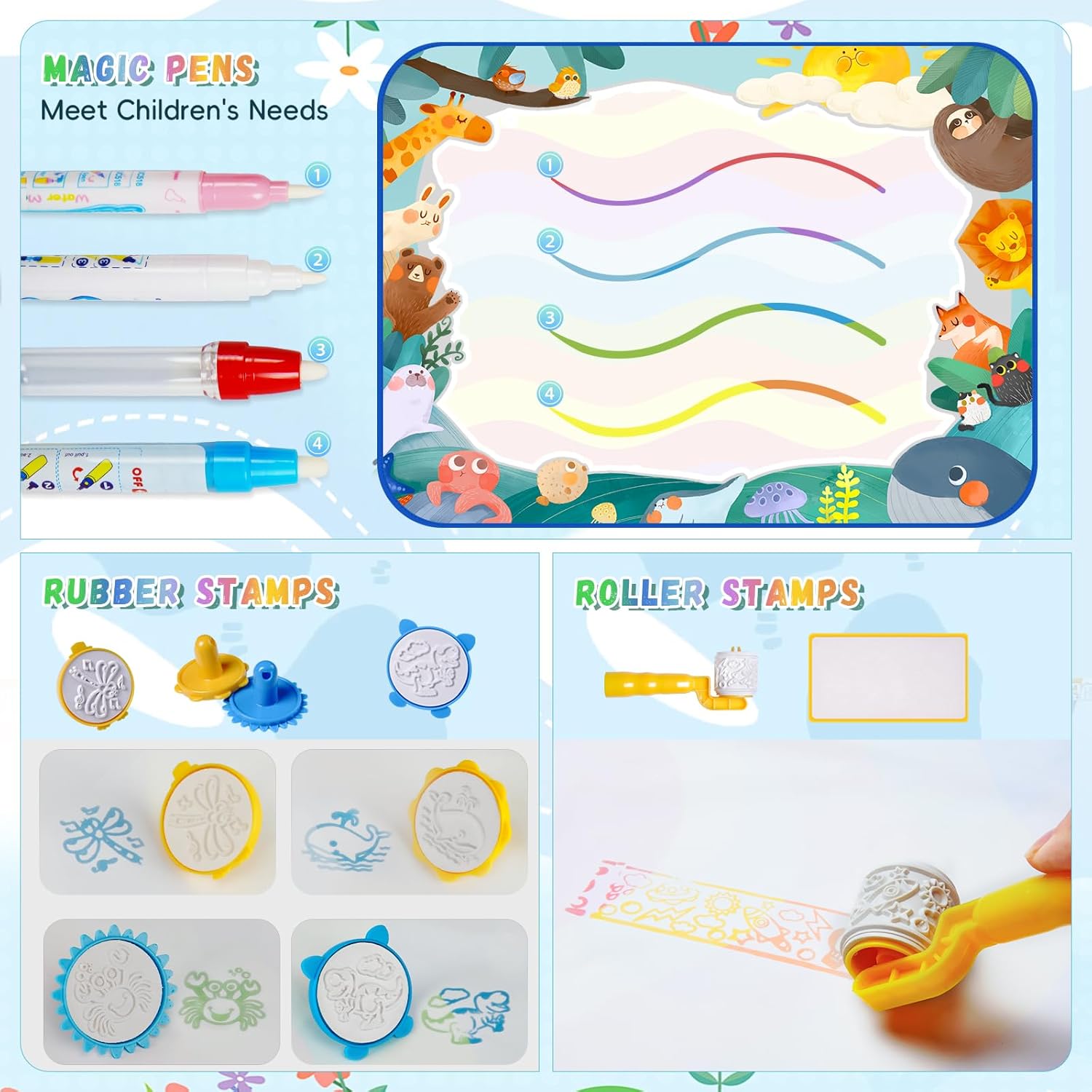 bemece Water Doodle Mat 40 x 32 Inches Aqua Painting Drawing Mat Mess Free Learning Toy Mat Early Education Gifts for Kids ChildrenToddlers Aged 3 4 5 6 7 Years Old - Image 5