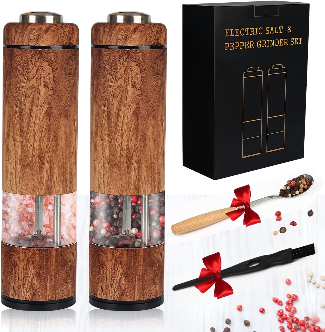 Electric Salt and Pepper Grinder Set, Battery Operated Pepper Grinder with LED Light, One Handed Operation, Adjustable Coarseness, Slat and Pepper Shakers Set Electric (Wood Grain) - Image 2