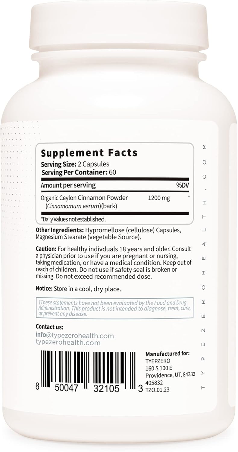Type Zero Ceylon Cinnamon Capsules (1200mg | 120 Capsules) - Natural, Non-GMO, Gluten Free, Organic Cinnamon Supplement - Image 6