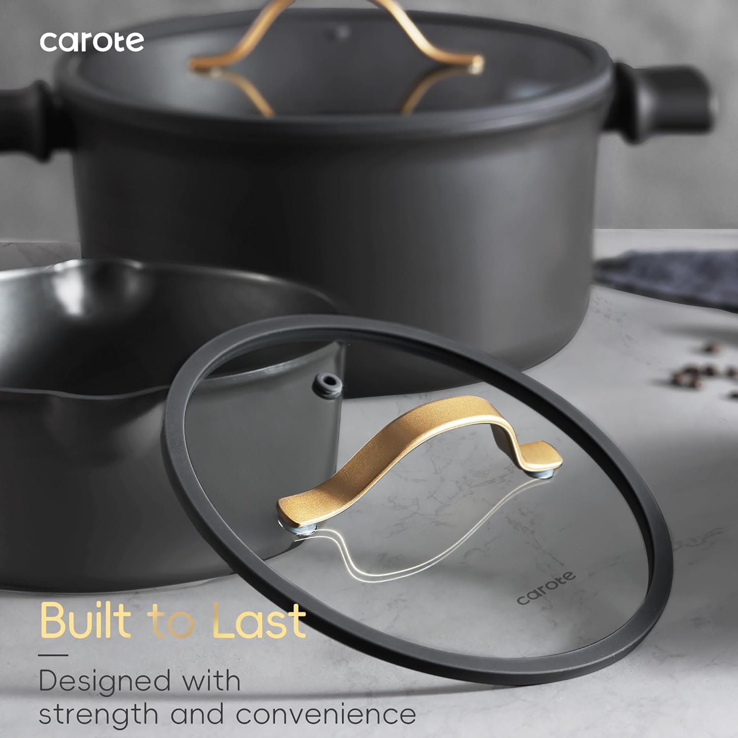 CAROTE 17pcs Pots and Pans Set Non Stick Dark Grey, Kitchen Cookware Set with Gold Trim, Premium Nonstick Pot and Pan, Induction Cookware - Image 8
