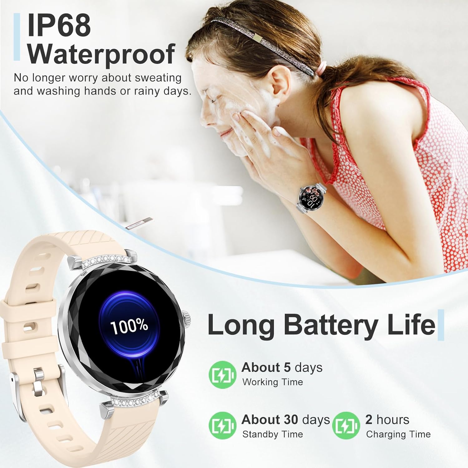 Smart Watches for Women Answer/Make Call, 1.19" AMOLED Smartwatch with Bluetooth for Android iOS Phones, IP68 Waterproof Fitness Tracker with Heat Rate Blood Pressure, 120+ Sports, Silver - Image 8