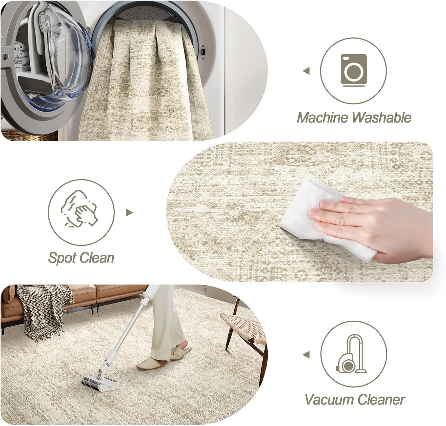 Washable Area Rug 8x10, Large Soft Rugs for Living Room Vintage Beige Rug 8x10 Area Rugs for Bedroom Dining Room Non-Slip Stain Resistant Under Table Rug - Image 5