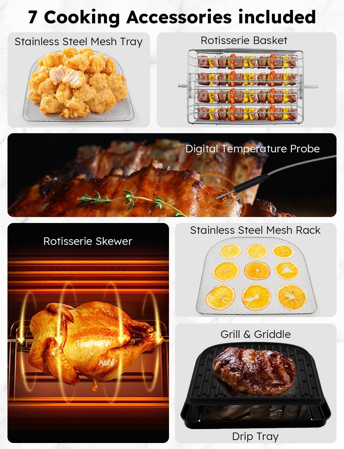 Nuwave Brio Air Fryer Oven, 15.5Qt X-Large Family Size, SS Rotisserie Basket &Skewer-Kit, Reversible Ultra Non-Stick Grill/Griddle Plate, Powerful 1800W, Integrated Smart Thermometer,Black - Image 7