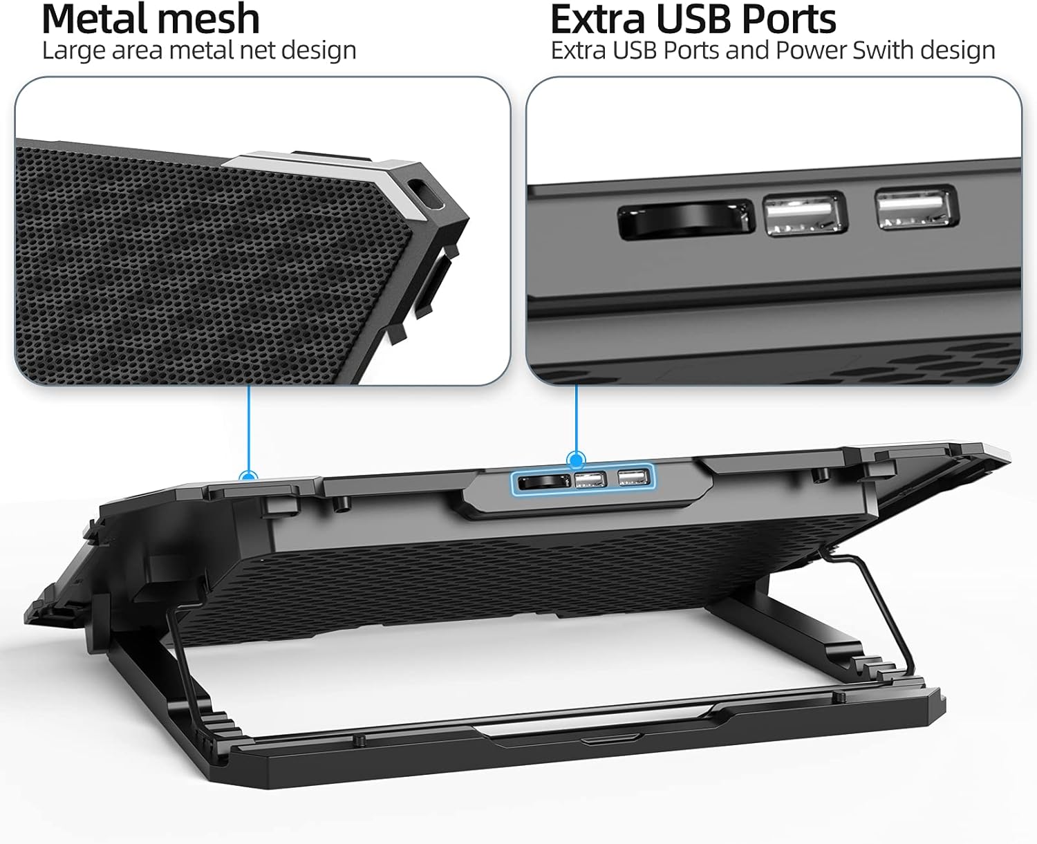 Upgrade Laptop Cooling Pad,Gaming Laptop Cooler with 5 Quiet Fans,2 USB Ports,5 Adjustable Stand Height,Blue LED Lights,for 15.6 Inch Laptops - Image 4