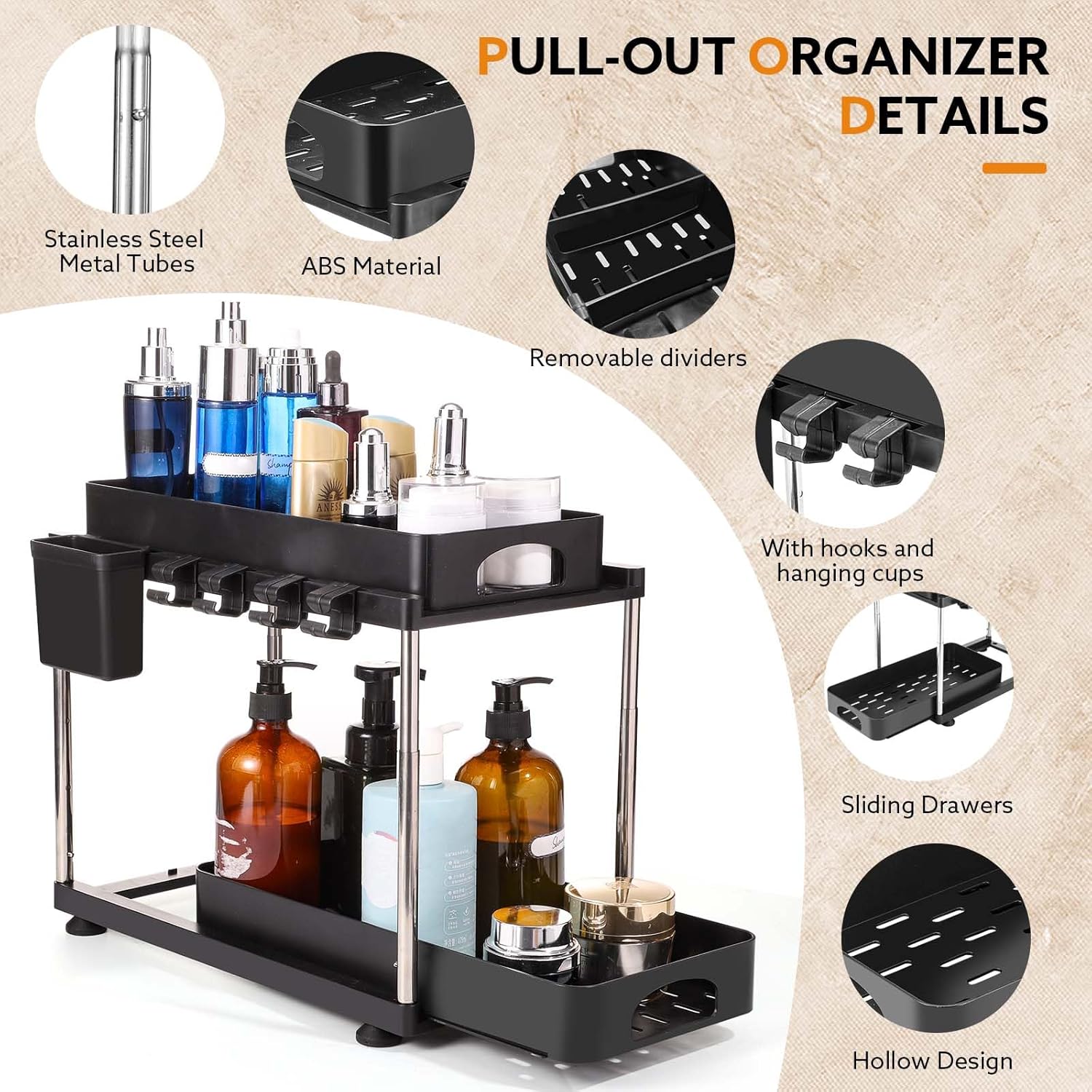 Under Sink Organizers and Storage, 2 Tier Double Sliding Bathroom Organizers and Storage with Dividers,Hooks Under Sliding Cabinet Organizer Kitchen Sink Organizer for Kitchen Bathroom - Image 4
