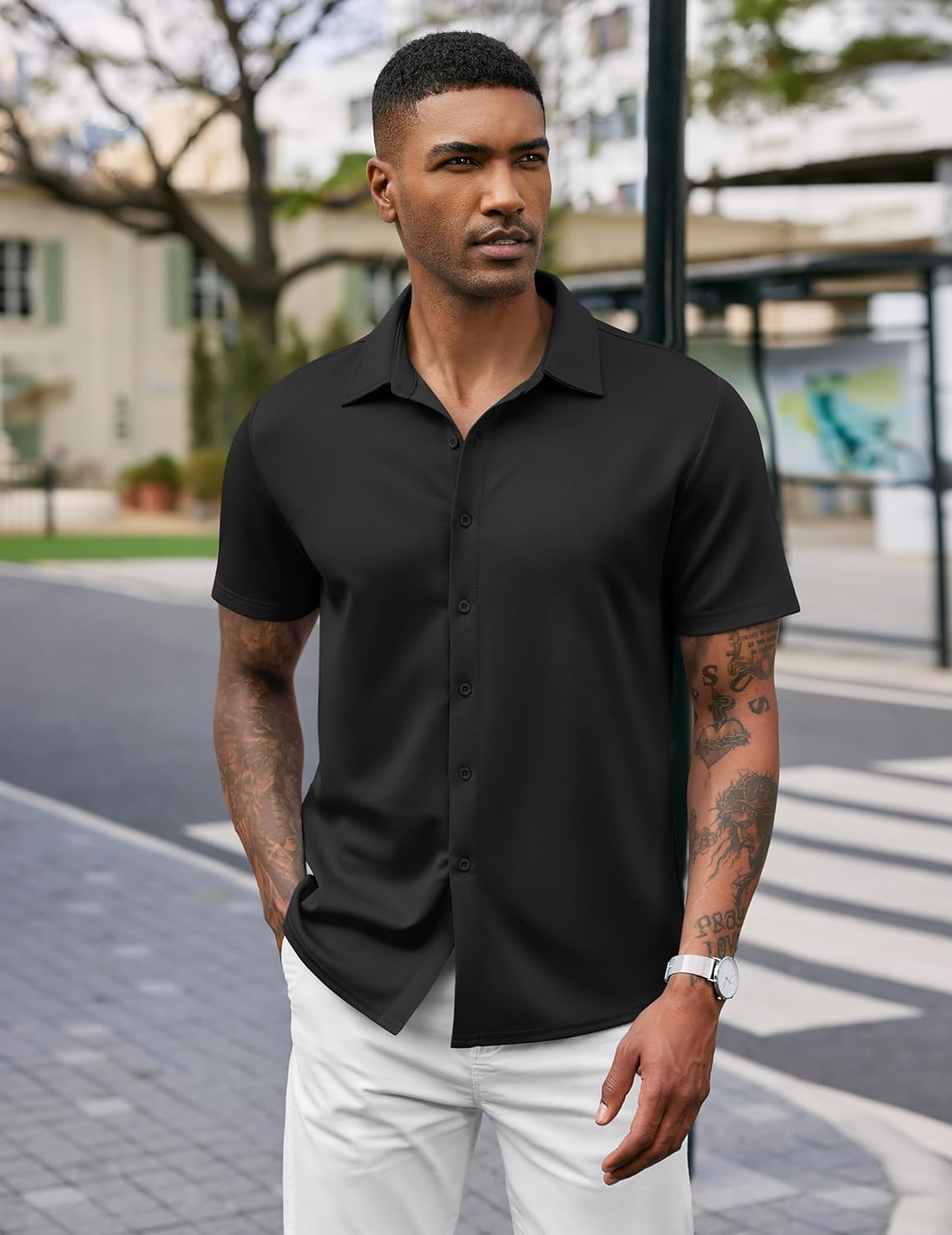 COOFANDY Mens Casual Wrinkle Free Shirts Short Sleeve Button Down Summer Stretch Dress Shirt - Image 4