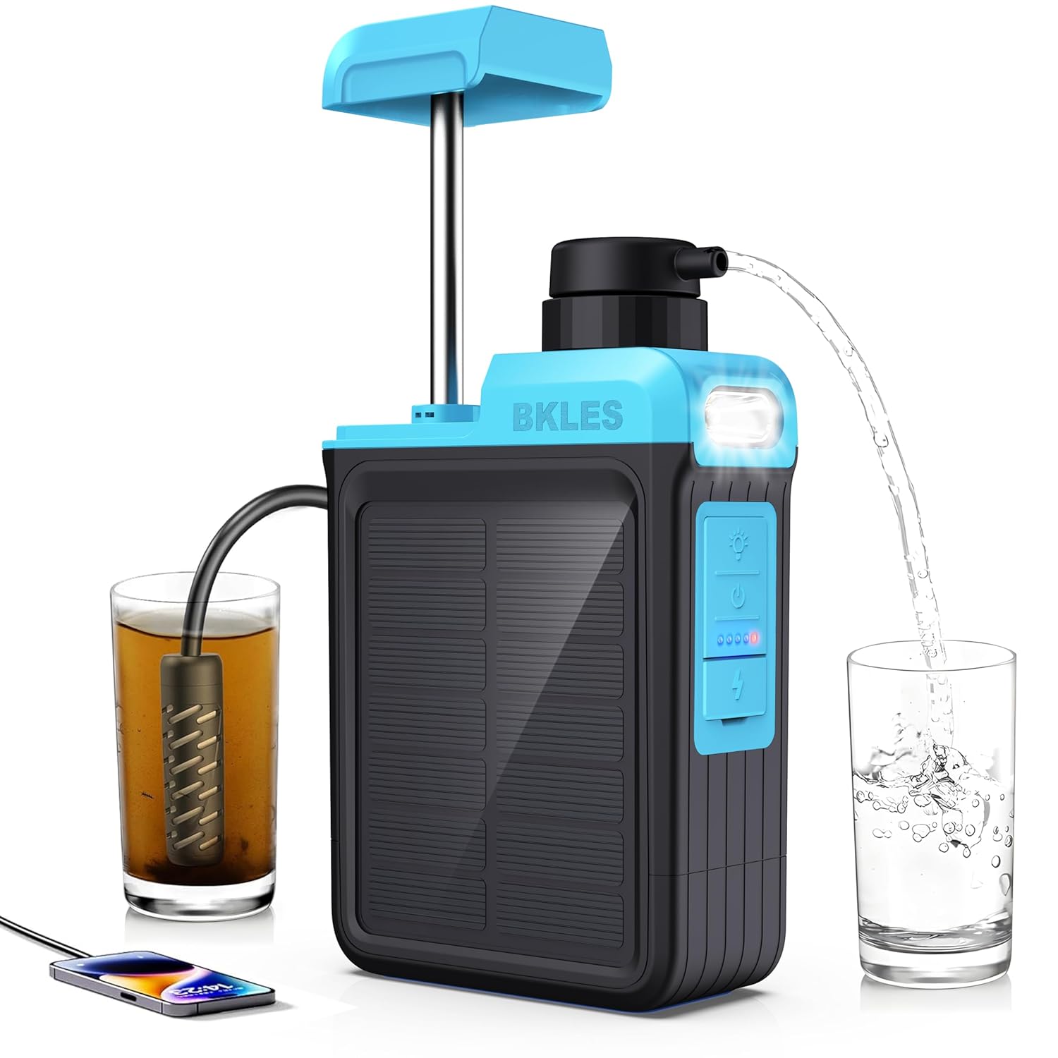 3-in-1 Solar Electric Water Filter with Hand Pump - Camping Water Filtration System Survival, Portable Water Purifier with Emergency Light, Survival Kit for Hiking Travel Backpacking Hunting - Image 2