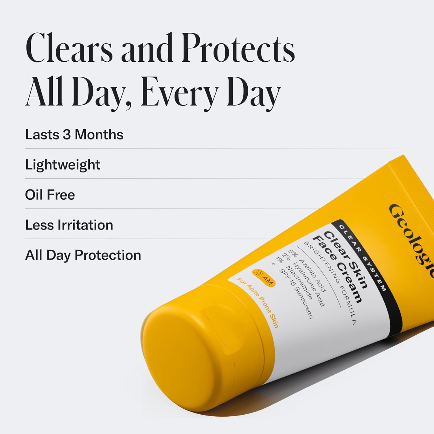 Geologie Clear Skin Face Cream | Clear System Daily Moisturizer with SPF15 for Acne-Prone Skin | Azelaic Acid, Niacinamide & Hyaluronic Acid | Lightweight & Oil Free | 60 ML - Image 3