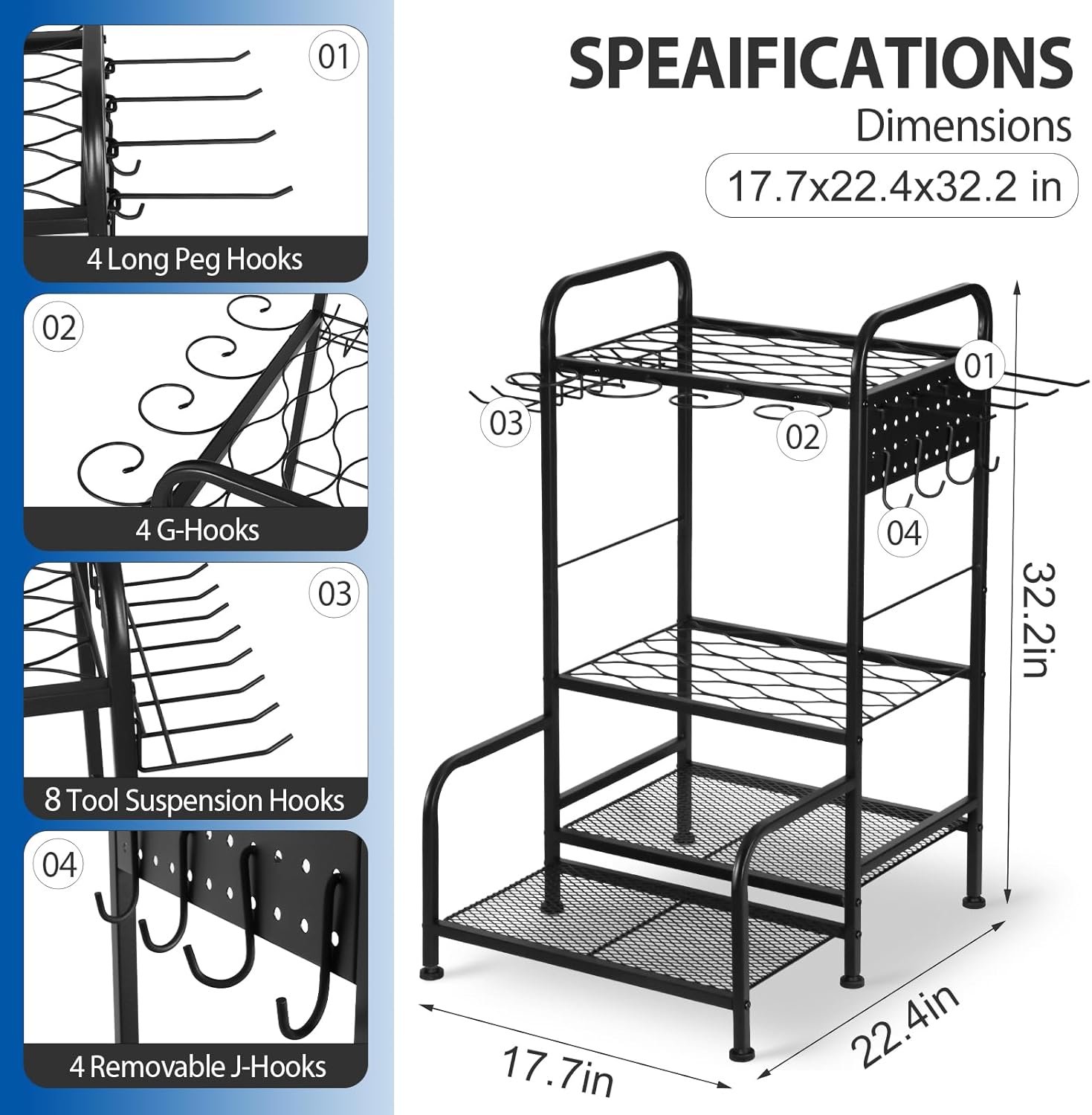 Garden Tool Organizer, Heavy Duty Tool Rack Stand, Metal Garden Tool and Storage Rack, Outdoor Tool Utility Organizer for Long Handled Tools, Shovel, Rake, Yard Tool Holder for Garage, Shed, Black - Image 3