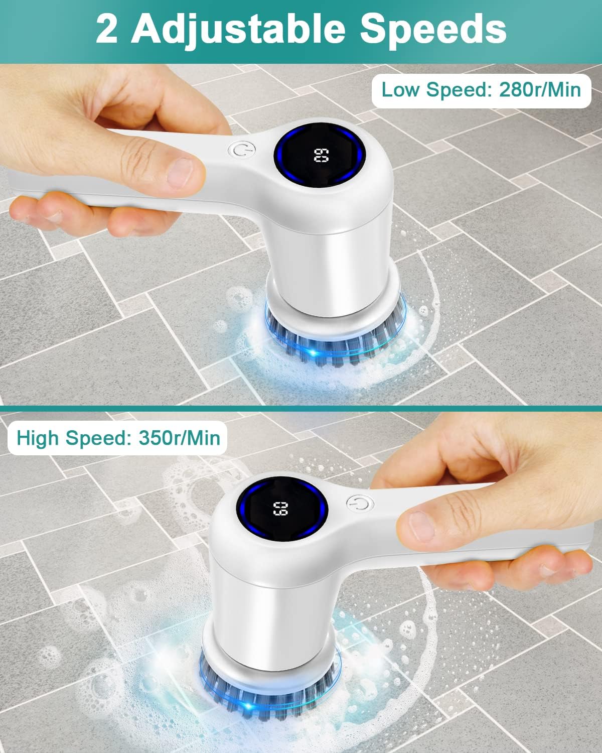 Electric Spin Scrubber,GRUTTI Power Scrubber Cordless Electric Shower Scrubber with Digital Display and 5 Replaceable Heads, 2 Adjustable Speeds,Cleaning Brush for Bathtub, Floor, Tile, Window - Image 4