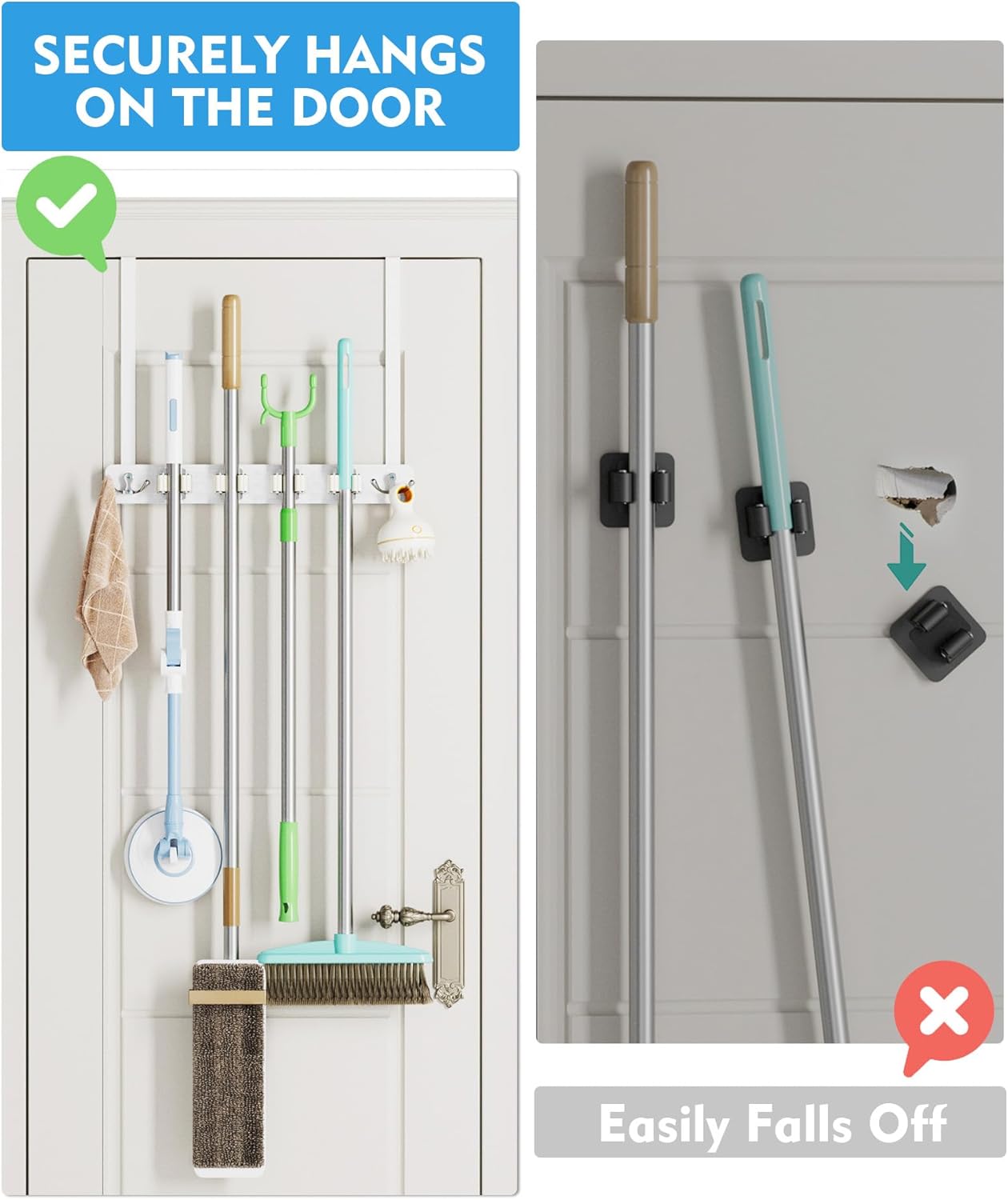 Over the Door Broom Holder, Mop and Broom Holder Door Mount, Hanging Broom Holder Over the Door with 4 Racks & 2 Hooks, Wood Broom Door Hanger Storage, Laundry Tool Organizer for Closet Garage - Image 3