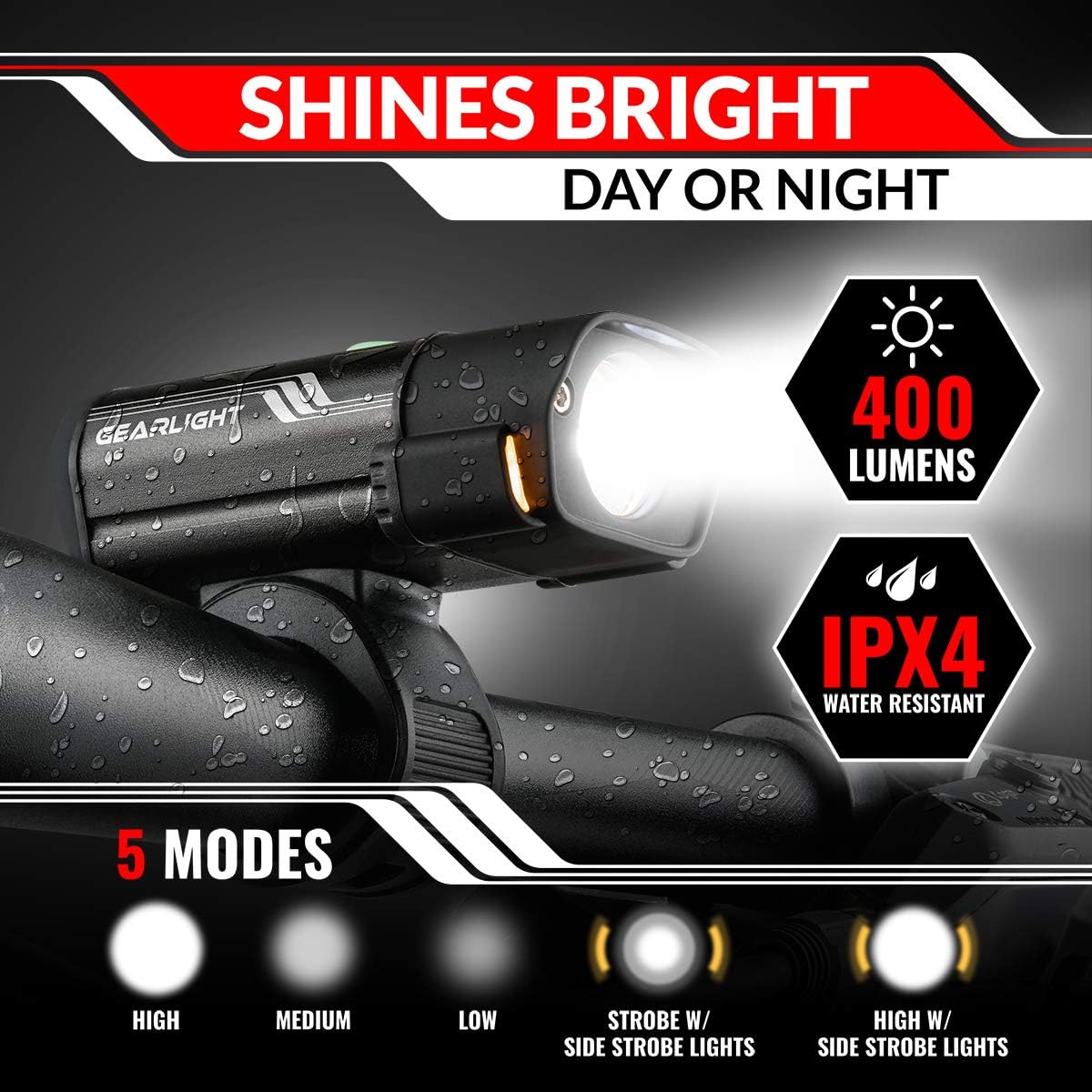 GearLight Rechargeable Bike Light, Bike Headlight and Tail Light Set, Powerful Front and Back Lights for Night Riding Safety, Night Riding Accessories, White Elephant Stocking Stuffer for Men - Image 4