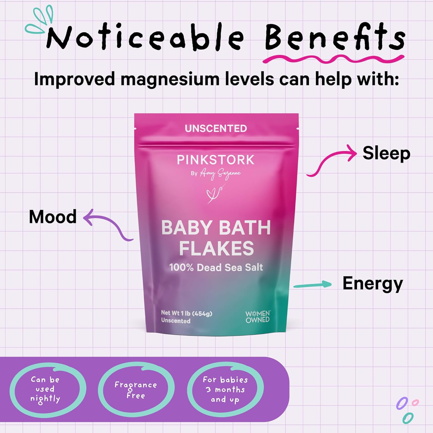 Pink Stork Baby Bath Flakes, Calming Fragrance Free Magnesium Bath Salts for Infants and Toddlers to Help Soothe Diaper Rash, Irritation, and Support Restful Sleep Without Melatonin - 16 oz - Image 4