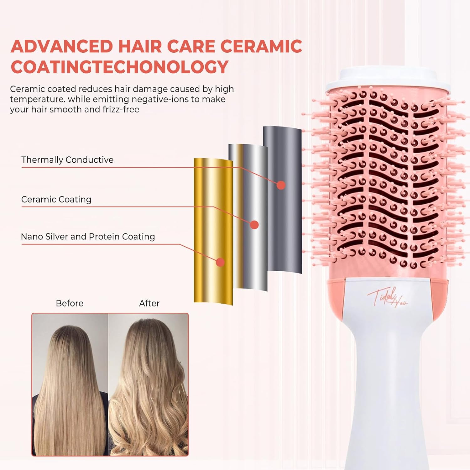 Hot Air Brush 4 in 1 Hair Dryer Brush,One Step Hair Dryer,Styler,Volumizer,Hair Curler,Negative Ion Anti-frizz Ceramic Titanium Barrel Hot Air Brush Hair Straightener Brush Pink White - Image 4