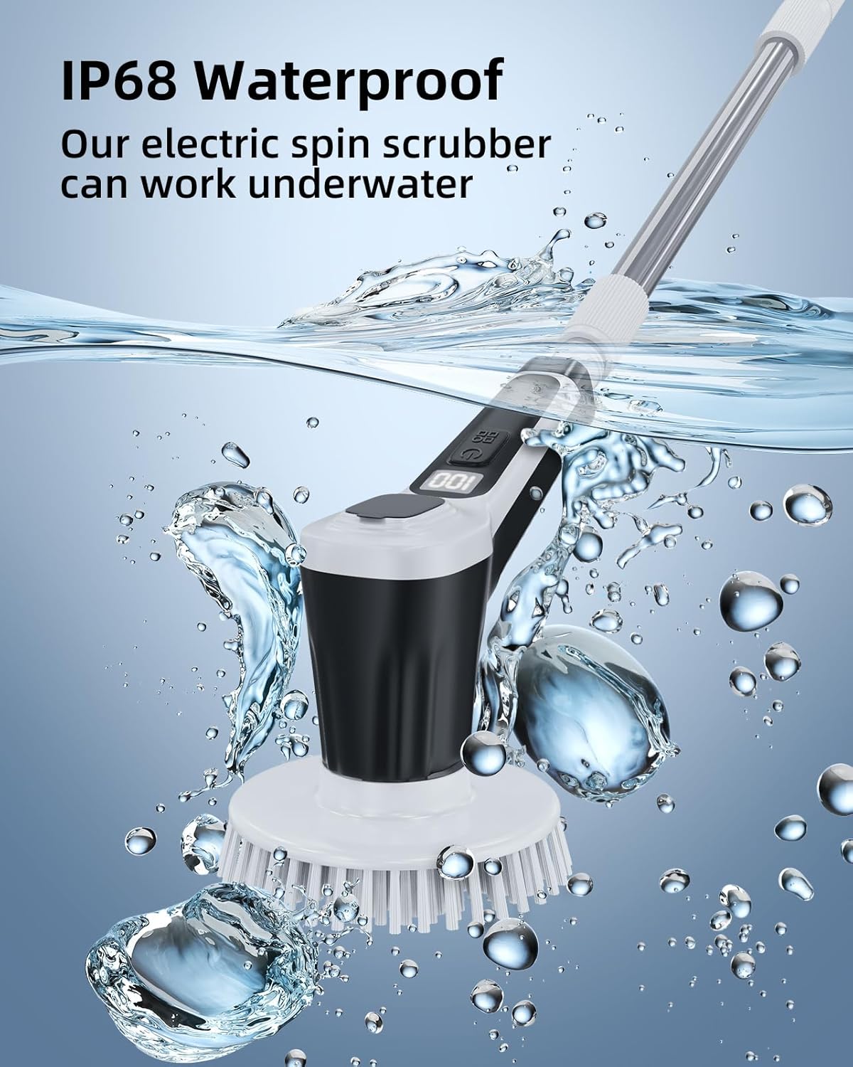 Electric Spin Scrubber, IP68 Professional Waterproof Spin Scrubber, 5400mAh Battery Power Spin Scrubber, 51 inch Cordless Household Cleaning Brush (Black) - Image 4