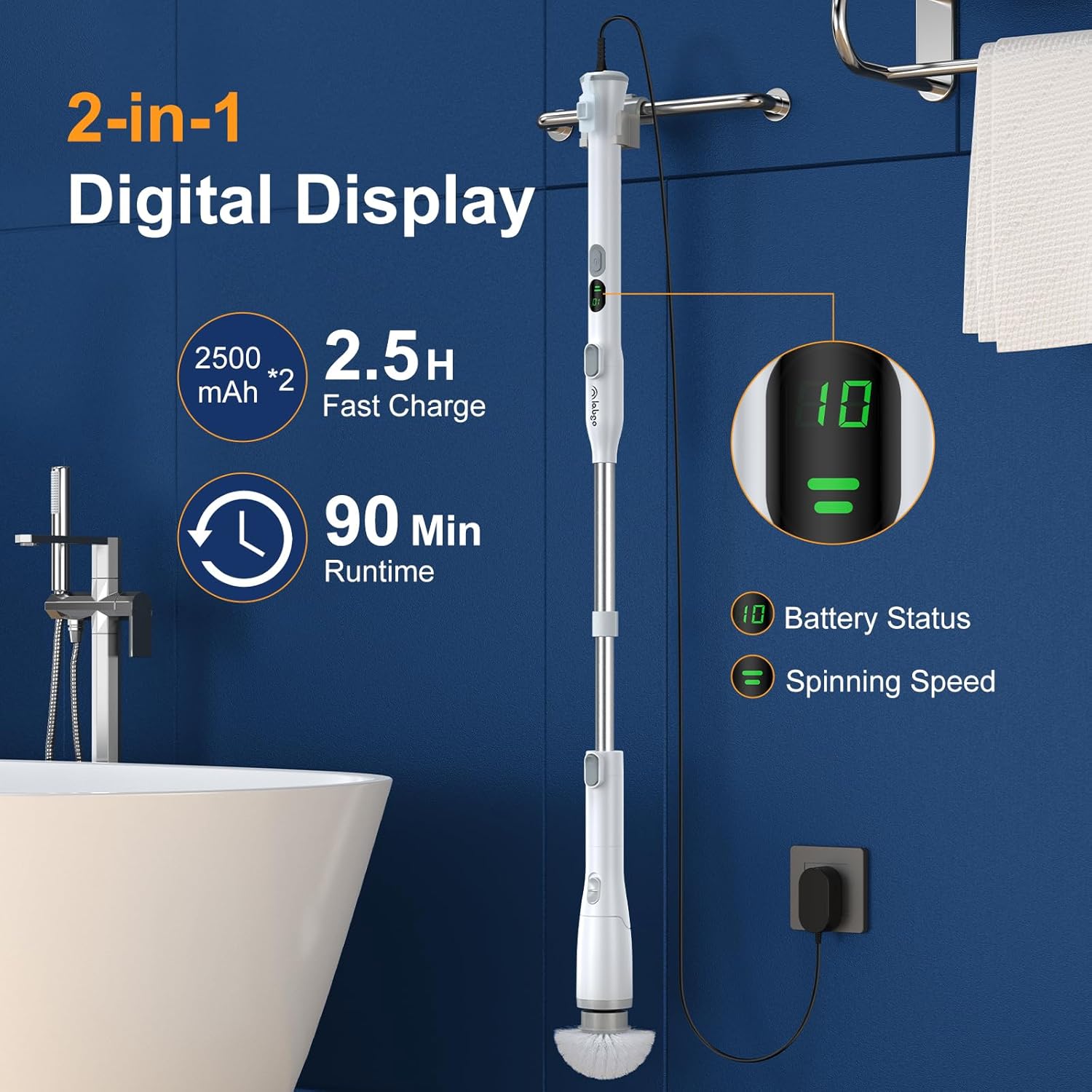 LABIGO Electric Spin Scrubber LA2 Pro, Shower Power Cleaning Brush with Display and 4 Replaceable Heads,2 Adjustable speeds, 3 Extension Handle, for Bathroom Floor Tile - Image 6