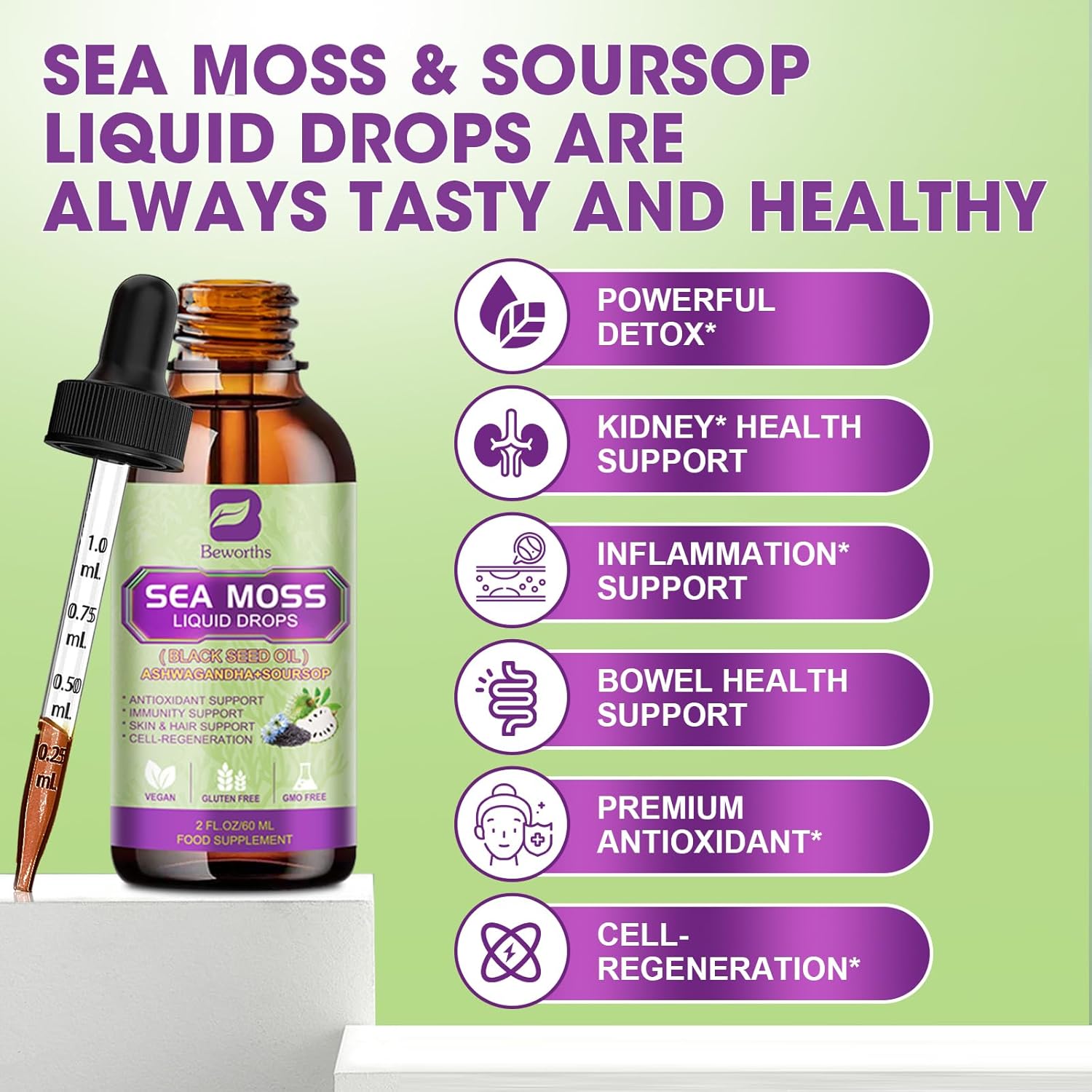 Sea Moss Liquid Drops - Irish Sea Moss Black Seed Oil with Ashwagandha, Soursop Bitters, Elderberry, Burdock Root, Bladderwrack, Multimineral Seamoss Supplement Support Antioxidant, Immune, Gut Health - Image 3