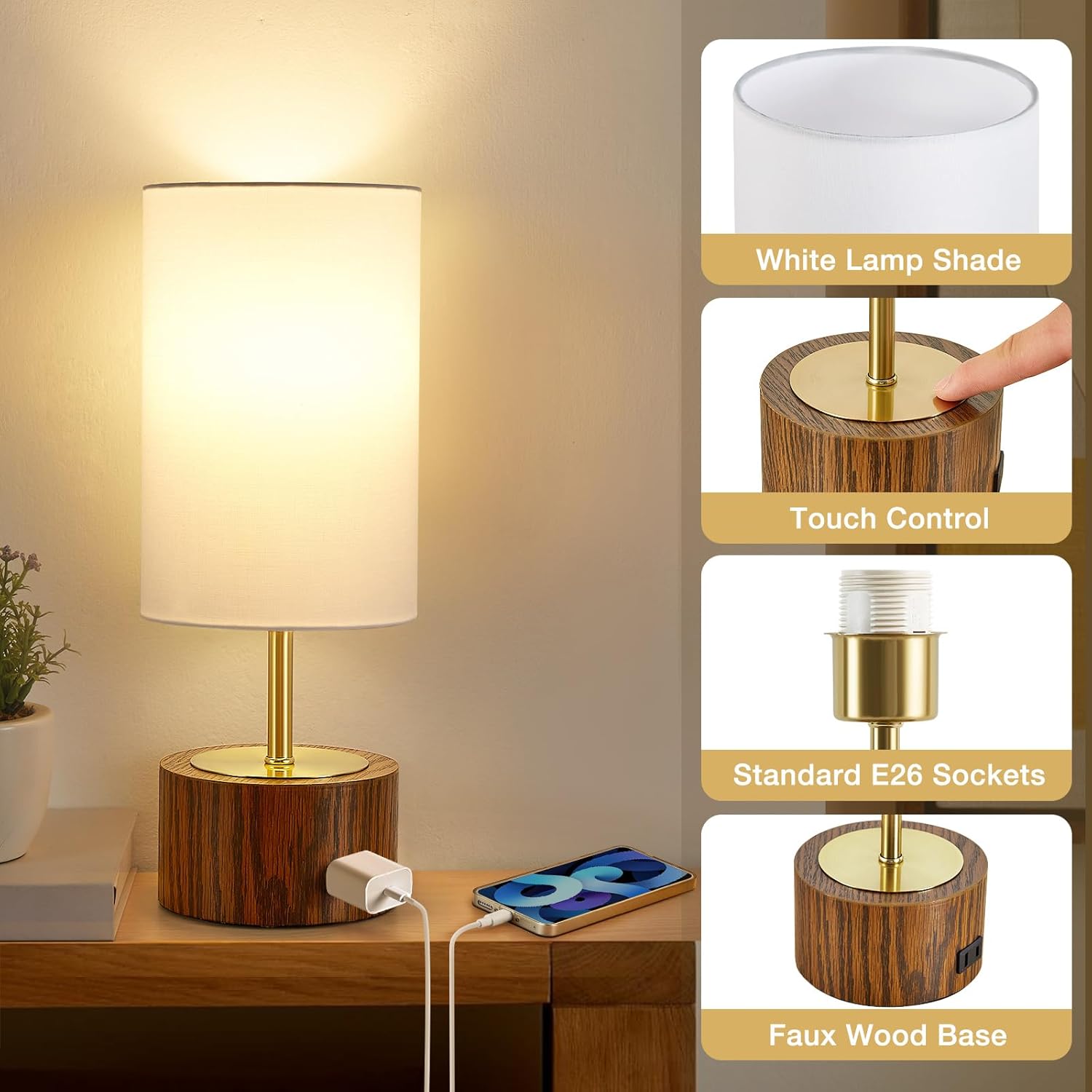 Touch Lamps for Nightstand - 14" Small Bedside Lamps Set of 2 with Ac Adapter Vintage Modern Table Lamp with Round Fabric Shade for End Tables Living Room Dorm Desk Home Office - Image 6