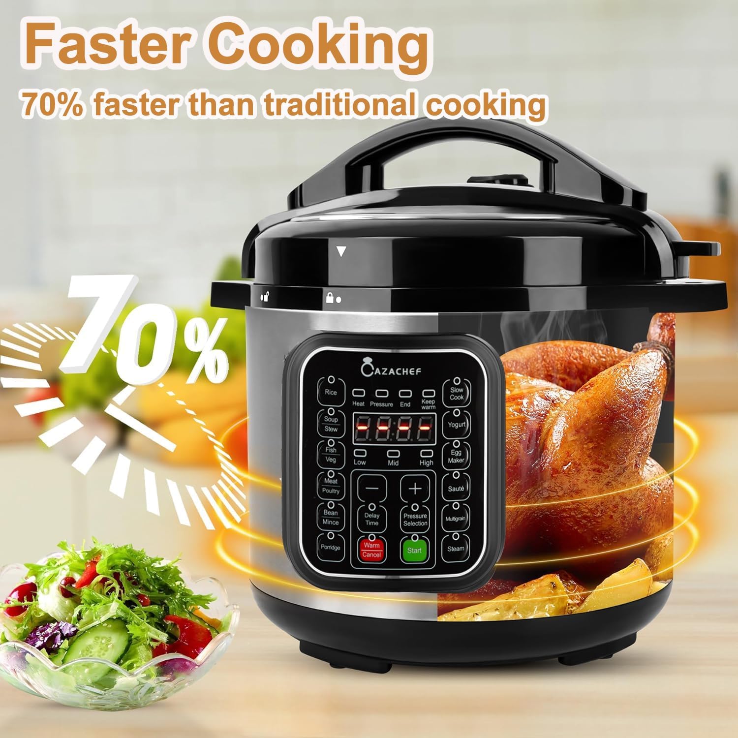 8qt stainless steel Pressure Cooker | 24-hour Presetting electric rice cooker, 14 in 1 slow cooker with temperature control | LED Multifunction Steamer, Food Warmer with nonstick pot - Image 6