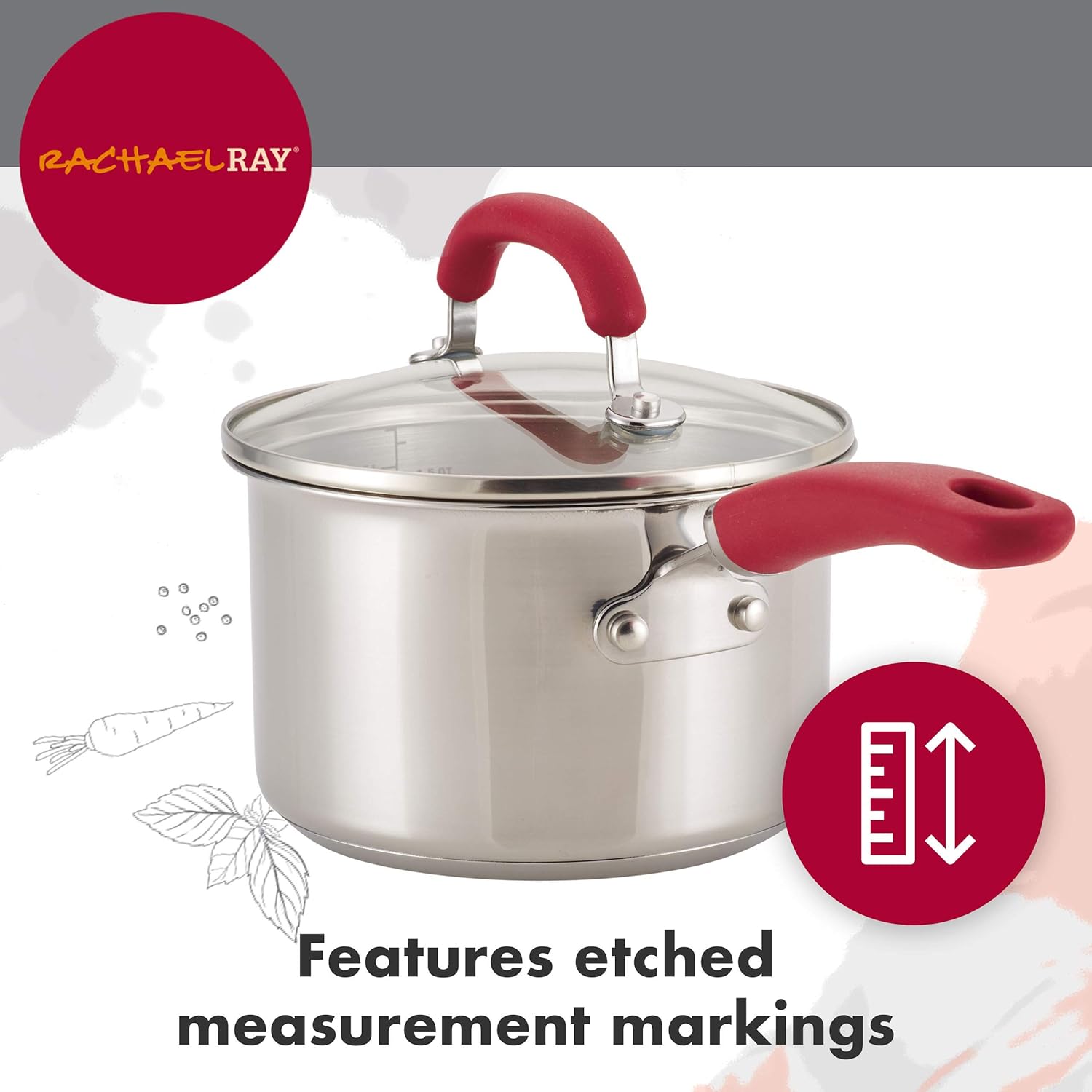 Rachael Ray Create Delicious Stainless Steel Cookware Set, 10-Piece Pots and Pans Set, Stainless Steel with Red Handles - Image 3