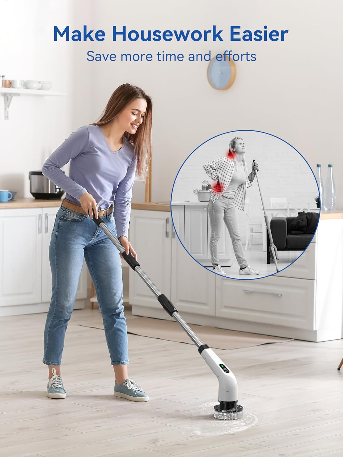 Electric Spin Scrubber, Cordless Shower Cleaning Brush, Bathroom Cleaner with 8 Replaceable Brush Heads, Power Scrubber 3 Adjustable Speeds, Adjustable Extension Handle, Waterproof for Tub Floor - Image 3