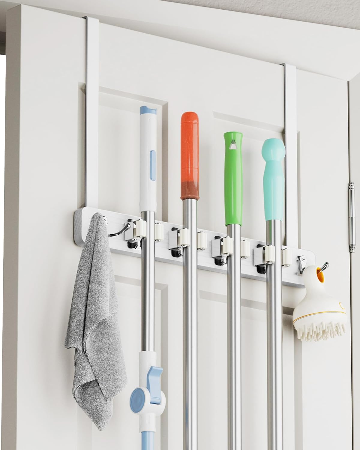 Over the Door Broom Holder, Mop and Broom Holder Door Mount, Hanging Broom Holder Over the Door with 4 Racks & 2 Hooks, Wood Broom Door Hanger Storage, Laundry Tool Organizer for Closet Garage - Image 2