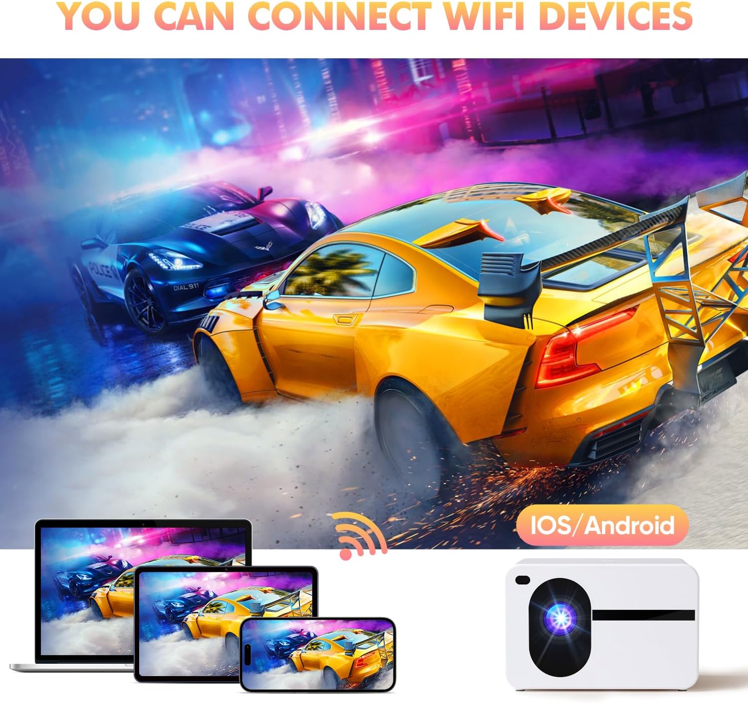 Projector with Wifi and Bluetooth, 500 ANSI Mini Projector Electric Focus Projector,Portable Projector 18000L Max 200" Projector, Outdoor Projector Compatible with iOS/Android/HDMI/USB(white) - Image 3
