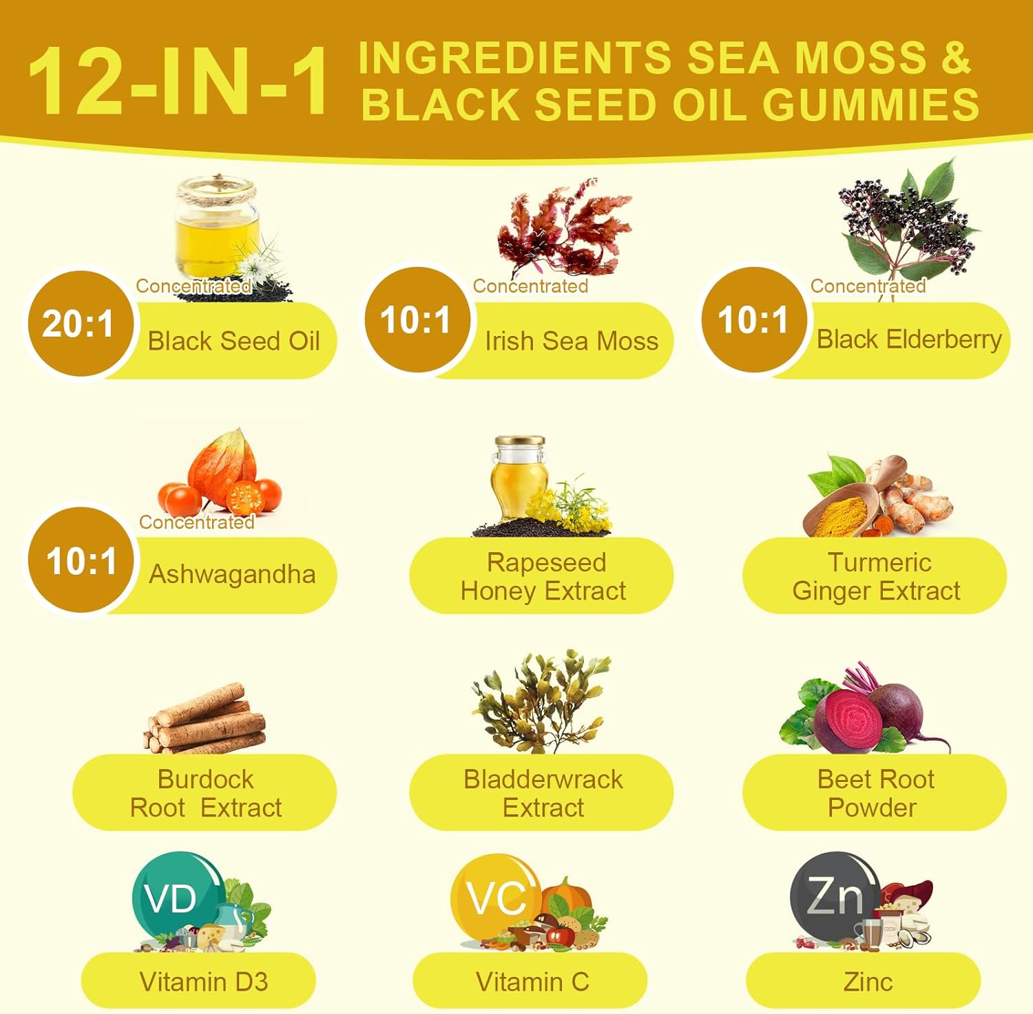 Black Seed Oil & Sea Moss Gummies, 2Pack Irish Sea Moss Gummies with Black Seed Oil, Ashwagandha Extract, Elderberry, Turmeric, Vitamin C, Vitamin D3 - Immune Support, Joints, Digestion, Hair & Skin - Image 4