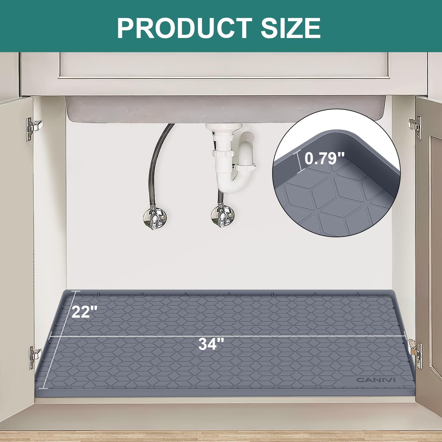 Under Sink Mat, 34" x 22" Waterproof Silicone Under Sink Tray for Kitchen & Laundry Cabinets, Kitchen Cabinet Shelf Protector, Up to 3.3 Gallons Liquid, Fits 36 inch Standard Cabinet(Grey) - Image 3