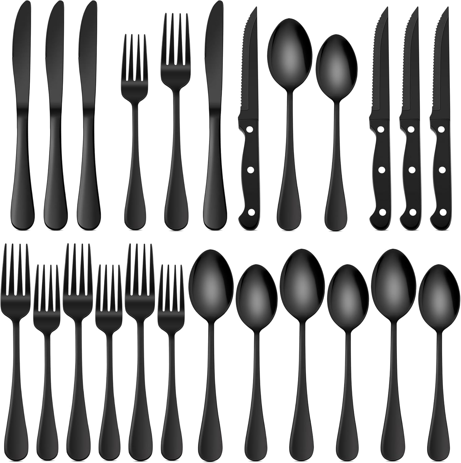 HaWare 24-Piece Black Silverware Set with Steak Knives, Stainless Steel Cutlery Set, Food Grade Flatware Set Service for 4, Mirror Finished Tableware for Home Restaurant, Include Knives, Forks, Spoons - Image 2