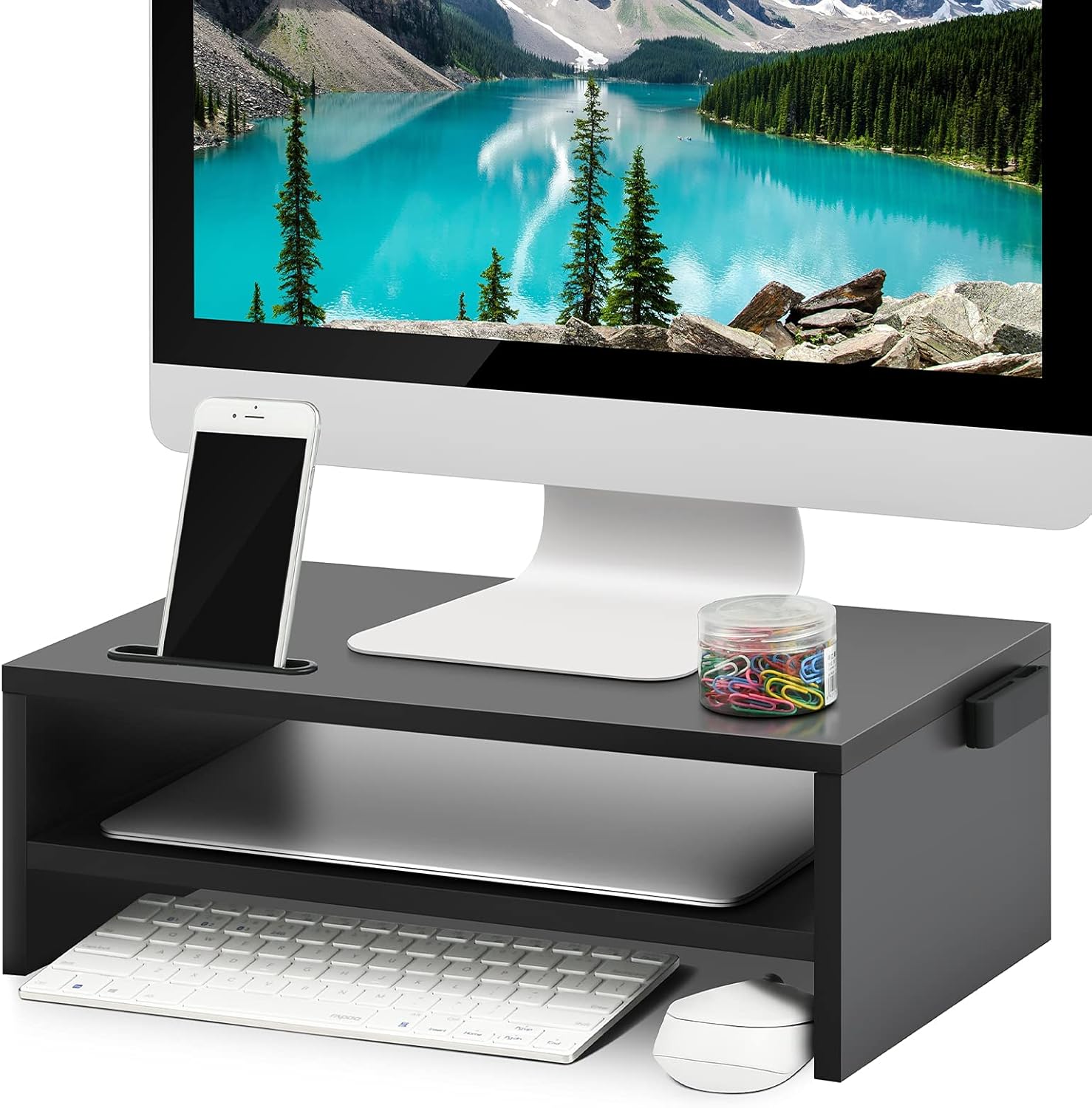 Marbrasse Monitor Stand Riser, 16.5 Inch 2 Tier Computer Printer Shelf Stand for Laptop Computer Screen Storage, Desktop Stand with Phone Holder and Cable Management Black - Image 2