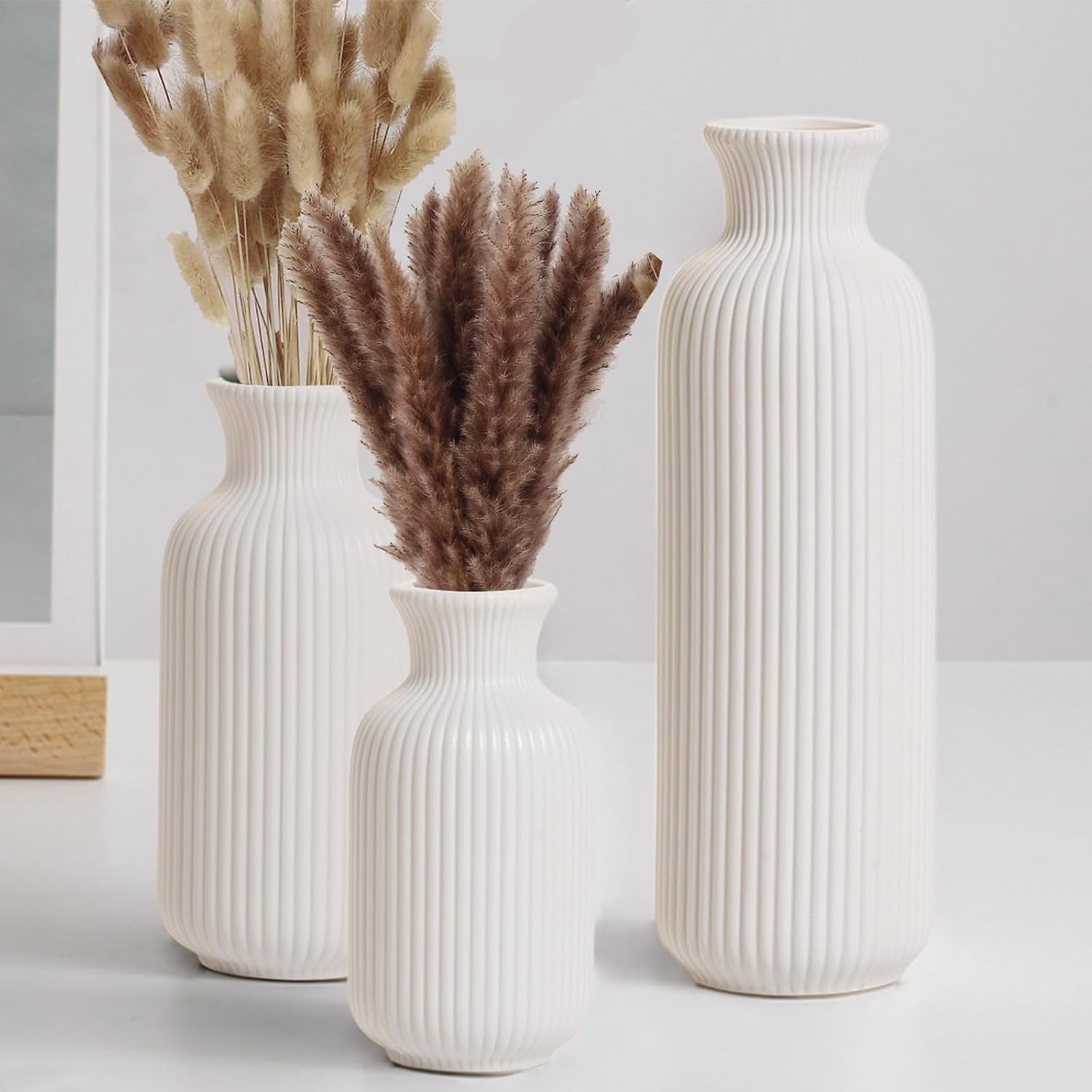 White Ceramic Vase Set of 3,Modern Vase Ribbed Design,Minimalist Decor Flower Vase for Table,Shelf,Farmhouse Vase for Decor(Vertical Ribbed Vase) - Image 2