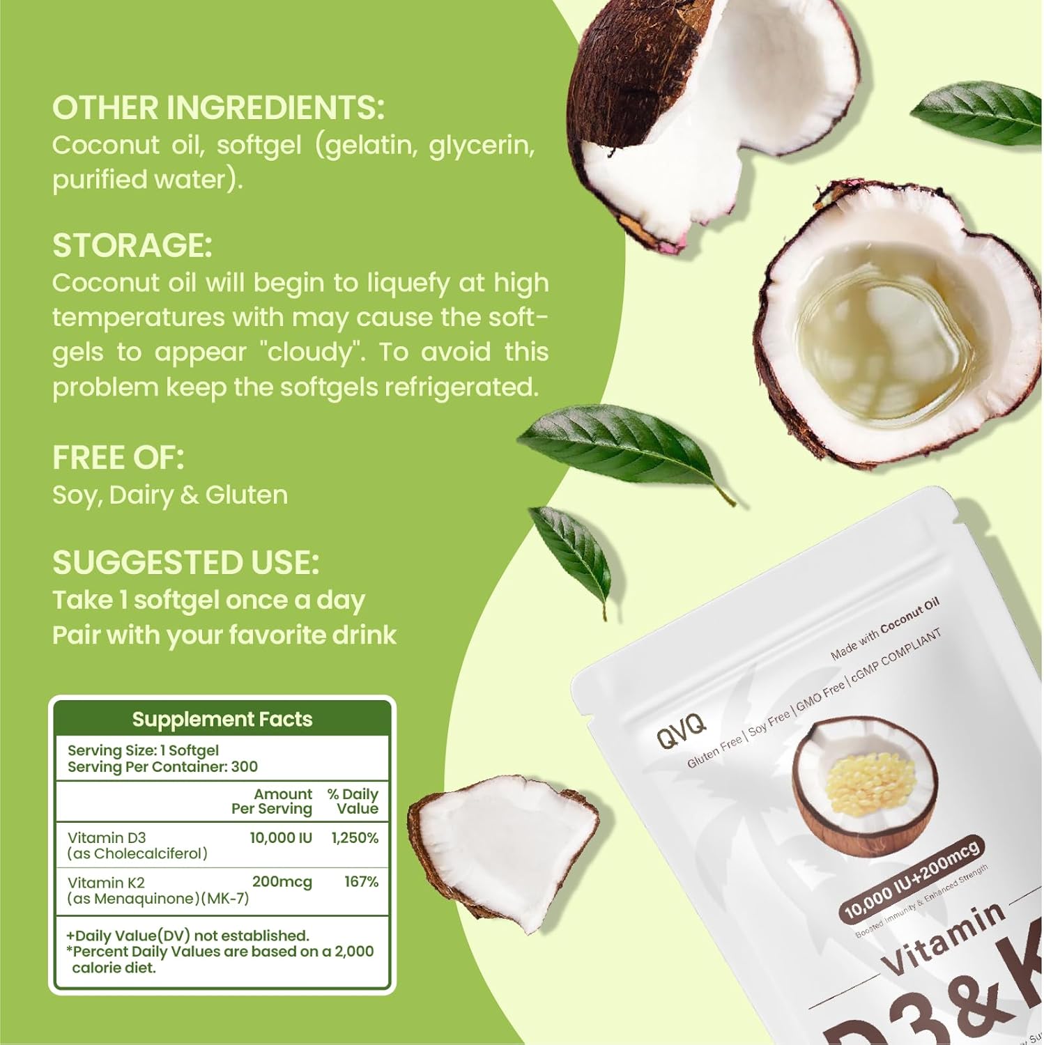 300 Pcs 2 in 1 Vitamin D3 10000 iu Plus K2 (MK-7) 200 mcg Virgin Coconut Oil Softgels with Vitamins D & K Supports Calcium Absorption, Bone, Immune, & Heart Health – Easy to Swallow - Image 6