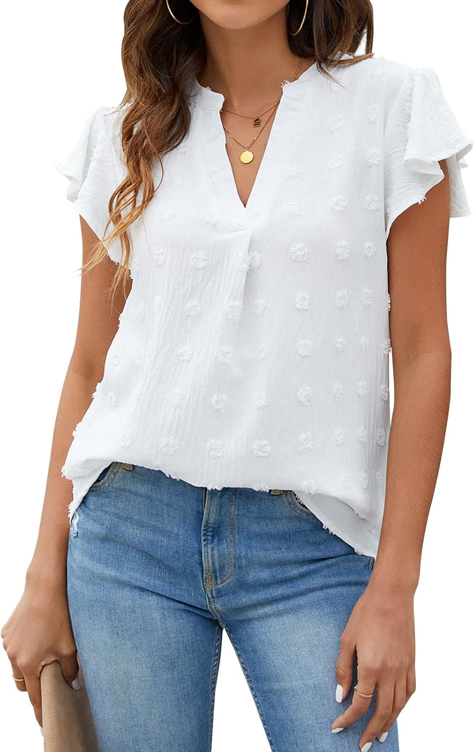Blooming Jelly Womens White Blouse V Neck Ruffle Sleeve Flowy Shirts Dressy Casual Cute Summer Tops - Image 2
