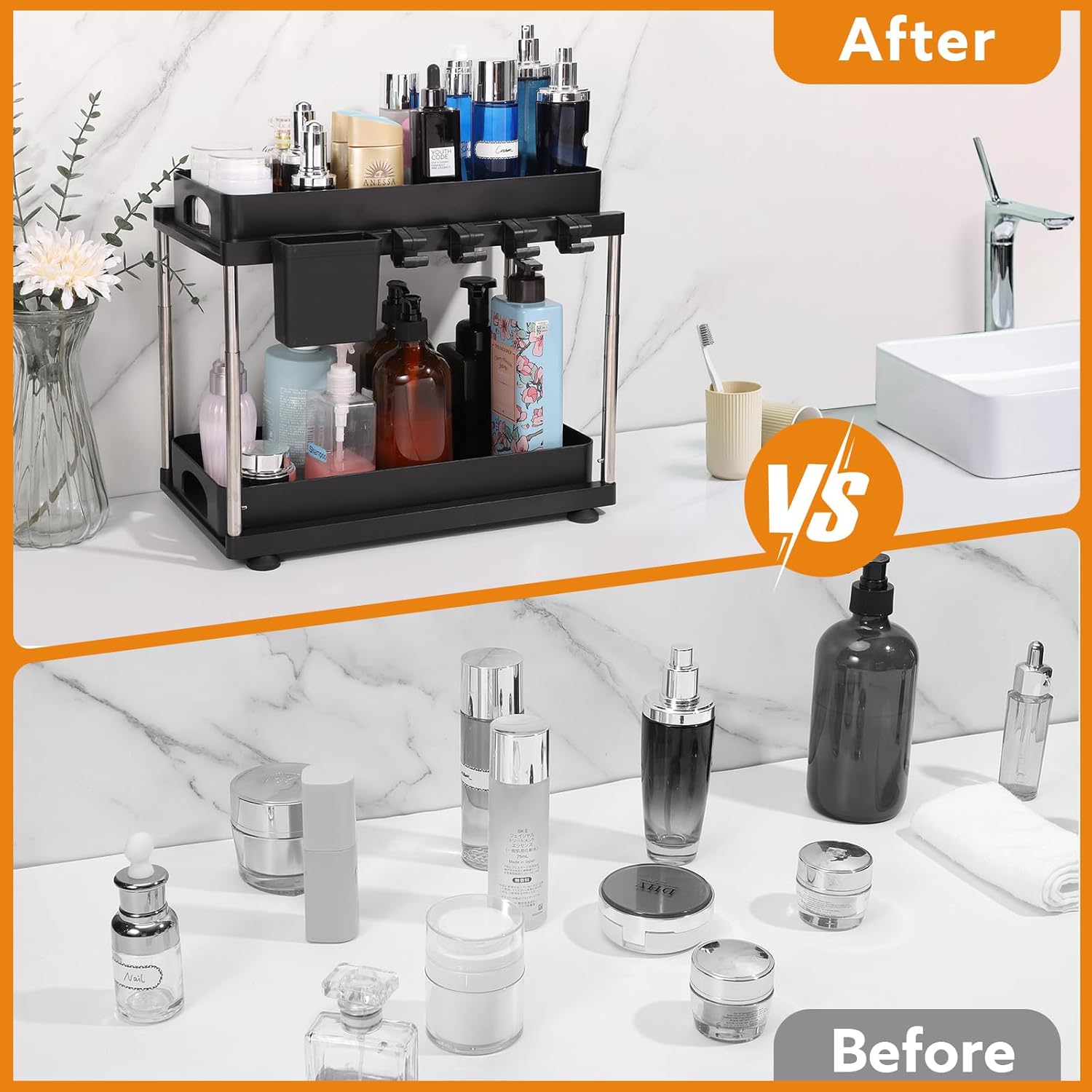 Under Sink Organizers and Storage, 2 Tier Double Sliding Bathroom Organizers and Storage with Dividers,Hooks Under Sliding Cabinet Organizer Kitchen Sink Organizer for Kitchen Bathroom - Image 5