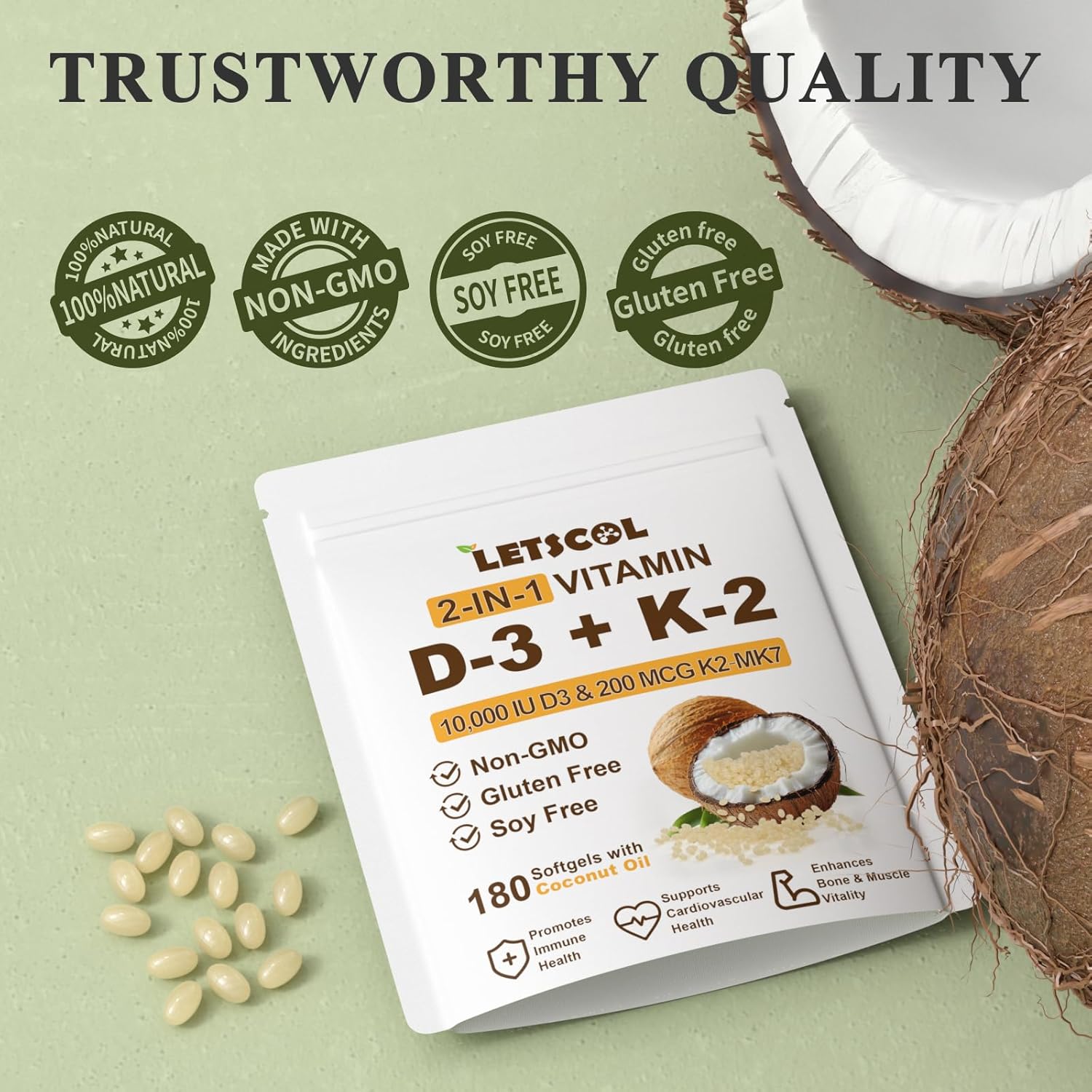 2-in-1 Vitamin D3 K2 Supplement Softgel, Vitamin D3 10000 IU and Vitamin K2 200 mcg, K2 MK7 with D3 Vitamin Supplement Support Immune, Heart, Joint, Teeth & Bone Health - Image 7