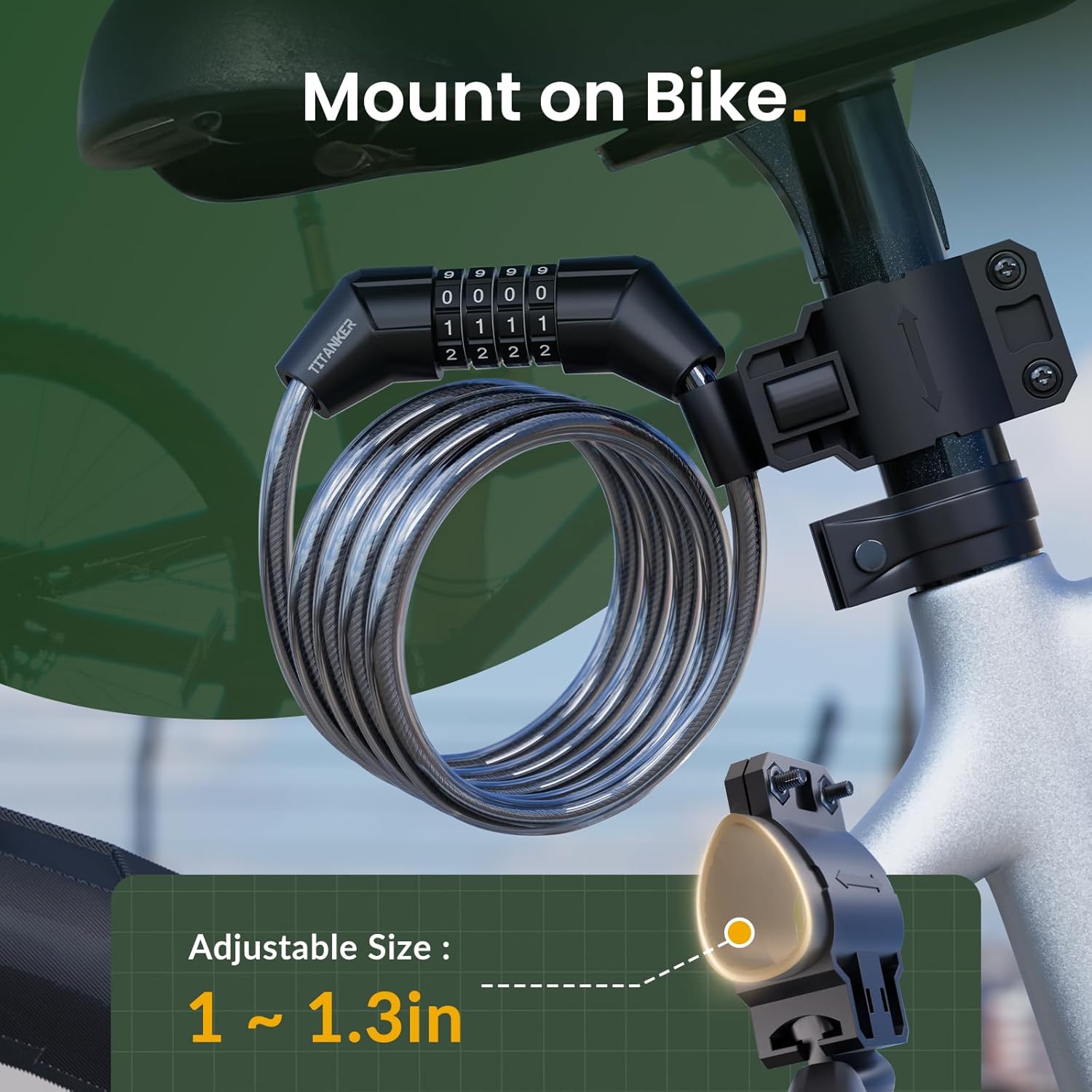 Titanker Bike Lock Cable, 4 Feet Bike Cable Lock Basic Self Coiling Kids Bike Lock Combination with Complimentary Mounting Bracket, 5/16 Inch Diameter (4FT, Black-8mm) - Image 8